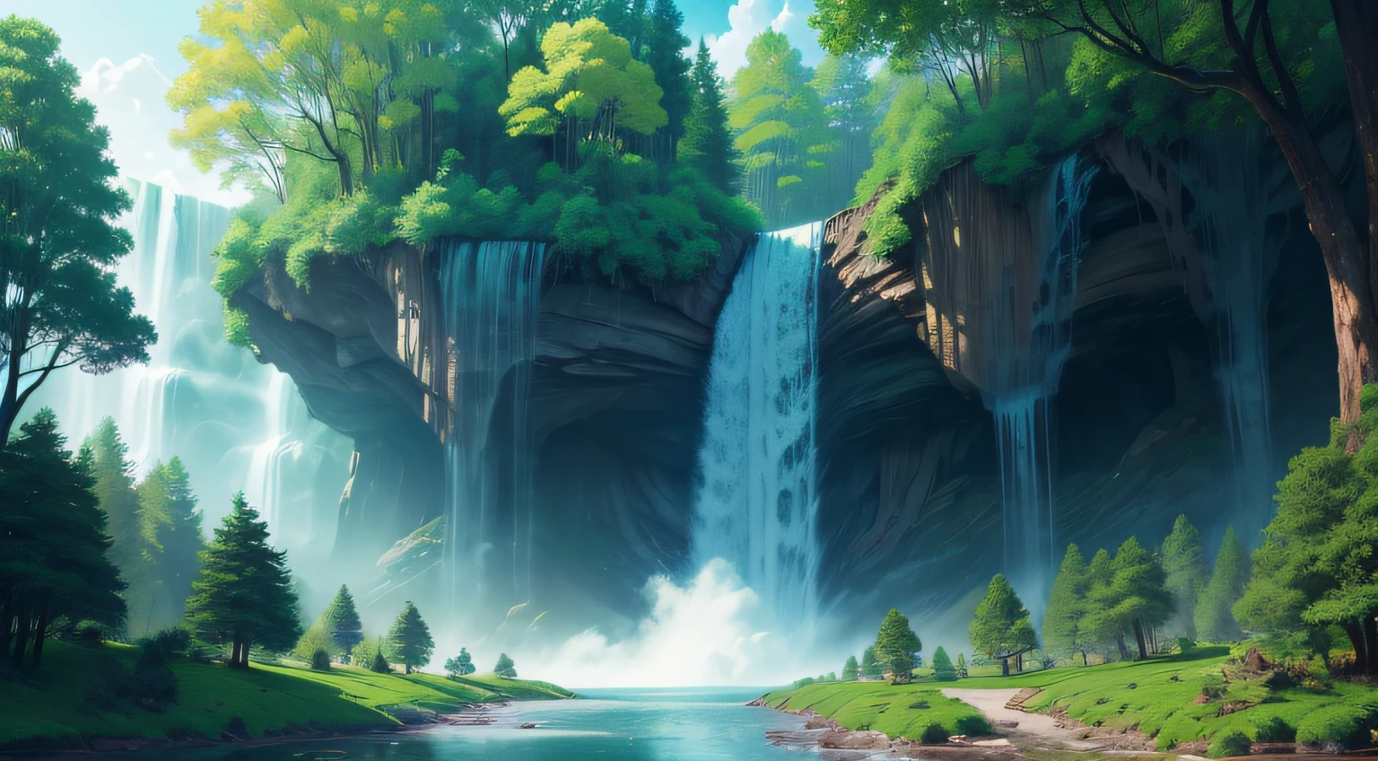 A enchanted forest with giant trees that touch the clouds, beautiful streams, flowers, a wonderful place, butterflies, waterfalls, realistic enchanted forest.