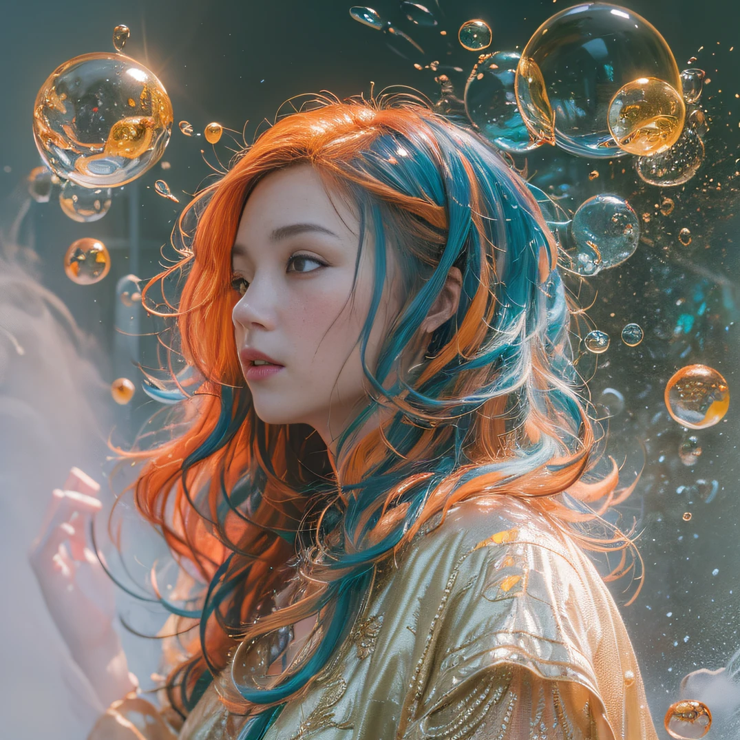 cyan colors,blue colors,enamel,agates,A flesh-colored world,Blood Girl 32K(tmasterpiece,k hd,hyper HD,32K)Long flowing bright orange hair,blood pond,zydink, a color,Grumpy (Post-halo), (Linen scarf), Combat posture, looking at the ground, long whitr hair, Floating bright orange, Fire cloud pattern gold tiara, Chinese long-sleeved gold silk burgundy garment, (Abstract metaverse splash:1.2), white backgrounid,Lotus vitality protector(realisticlying:1.4),Bright purple hair,Smoke on the road,The background is pure, A high resolution, the detail, RAW photogr, Sharp Re, Nikon D850 Film Stock Photo by Jefferies Lee 4 Kodak Portra 400 Camera F1.6 shots, Rich colors, ultra-realistic vivid textures, Dramatic lighting, Unreal Engine Art Station Trend, cinestir 800,A girl with long flowing bright orange hair,Huge multicolored bubbles