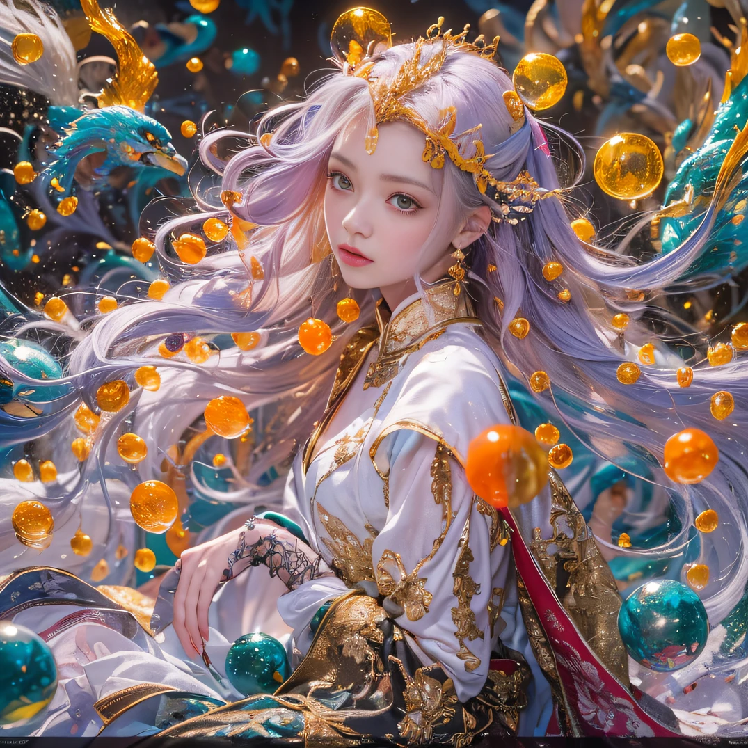 cyan colors，blue colors，enamel，agates，A flesh-colored world，Blood Girl 32K（tmasterpiece，k hd，hyper HD，32K）Long flowing bright orange hair，blood pond，zydink， a color，Grumpy （Post-halo）， （Linen scarf）， Combat posture， looking at the ground， long whitr hair， Floating bright orange， Fire cloud pattern gold tiara， Chinese long-sleeved gold silk burgundy garment， （Abstract metaverse splash：1.2）， white backgrounid，Lotus vitality protector（realisticlying：1.4），Bright purple hair，Smoke on the road，The background is pure， A high resolution， the detail， RAW photogr， Sharp Re， Nikon D850 Film Stock Photo by Jefferies Lee 4 Kodak Portra 400 Camera F1.6 shots, Rich colors, ultra-realistic vivid textures, Dramatic lighting, Unreal Engine Art Station Trend, cinestir 800，A girl with long flowing bright orange hair，Huge multicolored bubbles