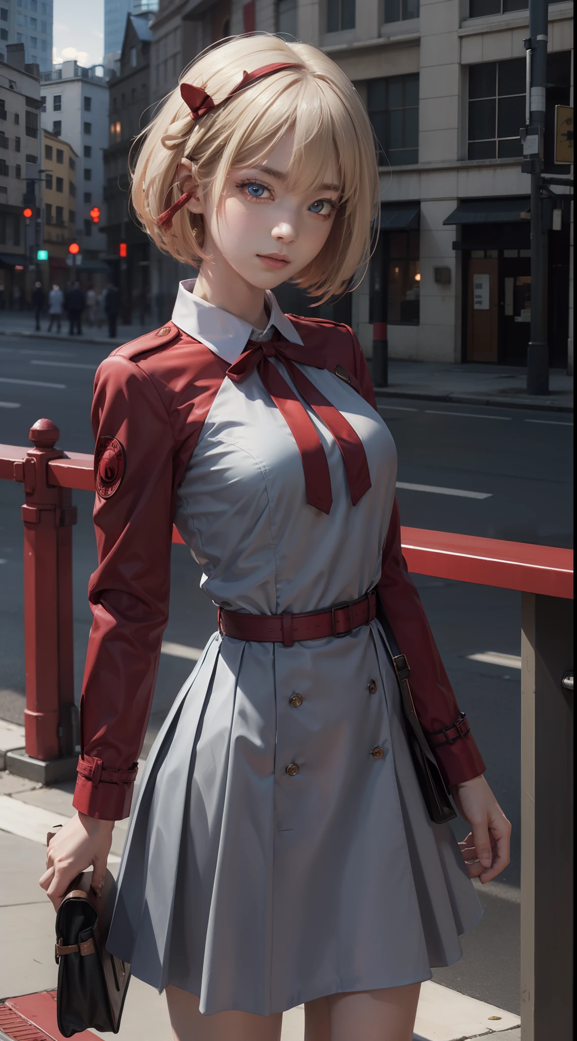 Thousands of miles of brocade, Chisato Nishiki, Short hair, bangs, Blonde hair, (Red eyes:1.5), Hair ribbon, one side up, Bob cut, BREAK  shirt, Long sleeves, dress, ribbon, White shirt, Collared shirt, belt, Neck ribbon, Red dress, Blue ribbon, Pleated dress, grey dress, Two-tone dresses, Red belt, Lycoris Uniform,, BREAK outdoors, City, BREAK looking at viewer, Break (Masterpiece:1.2), Best quality, high resolution, Unity 8k wallpaper, (illustration:0.8), (Beautiful detailed eyes:1.6), Extremely detailed face, Perfect lighting, Extremely detailed CG, (Perfect hands, Perfect anatomy),