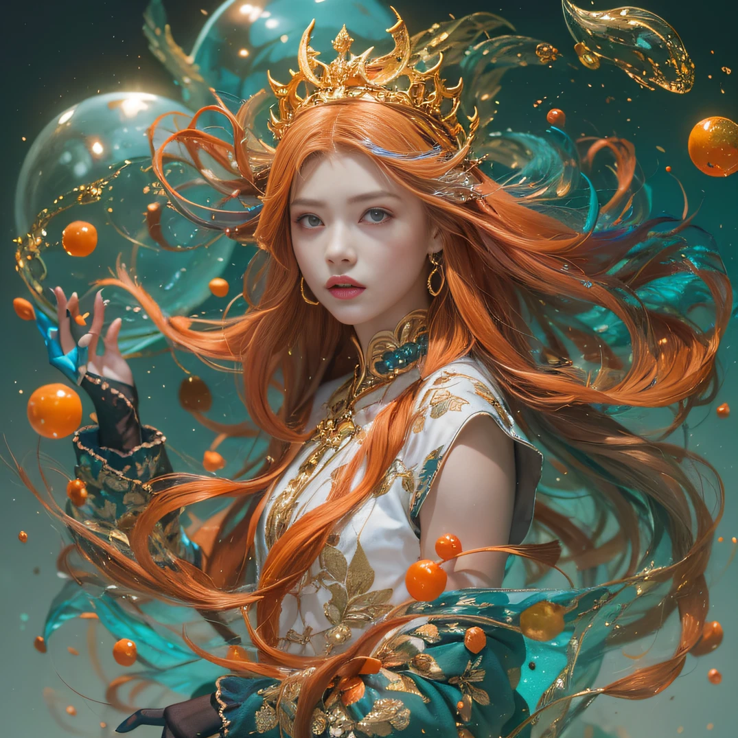cyan colors,blue colors,enamel,agates,A flesh-colored world,Blood Girl 32K(tmasterpiece,k hd,hyper HD,32K)Long flowing bright orange hair,blood pond,zydink, a color,Grumpy (Post-halo), (Linen scarf), Combat posture, looking at the ground, long whitr hair, Floating bright orange, Fire cloud pattern gold tiara, Chinese long-sleeved gold silk burgundy garment, (Abstract metaverse splash:1.2), white backgrounid,Lotus vitality protector(realisticlying:1.4),Bright purple hair,Smoke on the road,The background is pure, A high resolution, the detail, RAW photogr, Sharp Re, Nikon D850 Film Stock Photo by Jefferies Lee 4 Kodak Portra 400 Camera F1.6 shots, Rich colors, ultra-realistic vivid textures, Dramatic lighting, Unreal Engine Art Station Trend, cinestir 800,A girl with long flowing bright orange hair,Huge multicolored bubbles