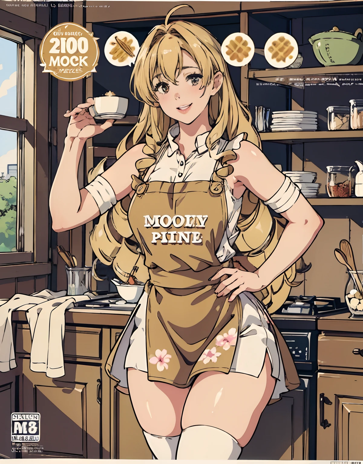 (Best Quality, Masterpiece),sexy mommy, Front cover of a women's cooking magazine, , naked, erotic, 18+, nsfw, 1girl, 30 years old, stunning, cute, heartwarming smile, hourglass figure, wearing floral dress, pinny apron, beautiful food, text, diagrams, advertisements, magazine title, long blonde hair