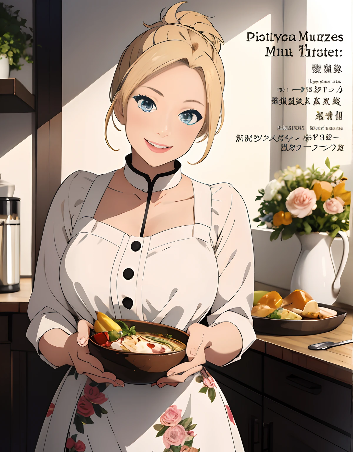 (Best Quality, Masterpiece),sexy mommy, , detailed face, Front cover of a women's cooking magazine, , naked, erotic, 18+, nsfw, 1girl, 30 years old, stunning, cute, heartwarming smile, hourglass figure, wearing floral dress, pinny apron, beautiful food, text, diagrams, advertisements, magazine title, short blonde hair, ponytail