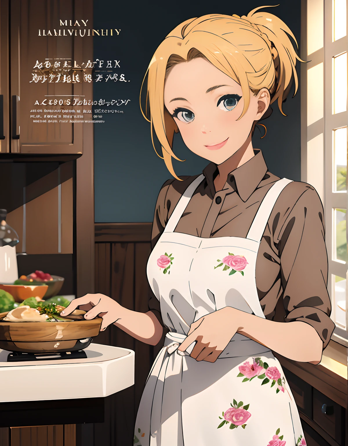 (Best Quality, Masterpiece),sexy mommy, , detailed face, Front cover of a women's cooking magazine, , naked, erotic, 18+, nsfw, 1girl, 30 years old, stunning, cute, heartwarming smile, hourglass figure, wearing floral dress, pinny apron, beautiful food, text, diagrams, advertisements, magazine title, short blonde hair, ponytail