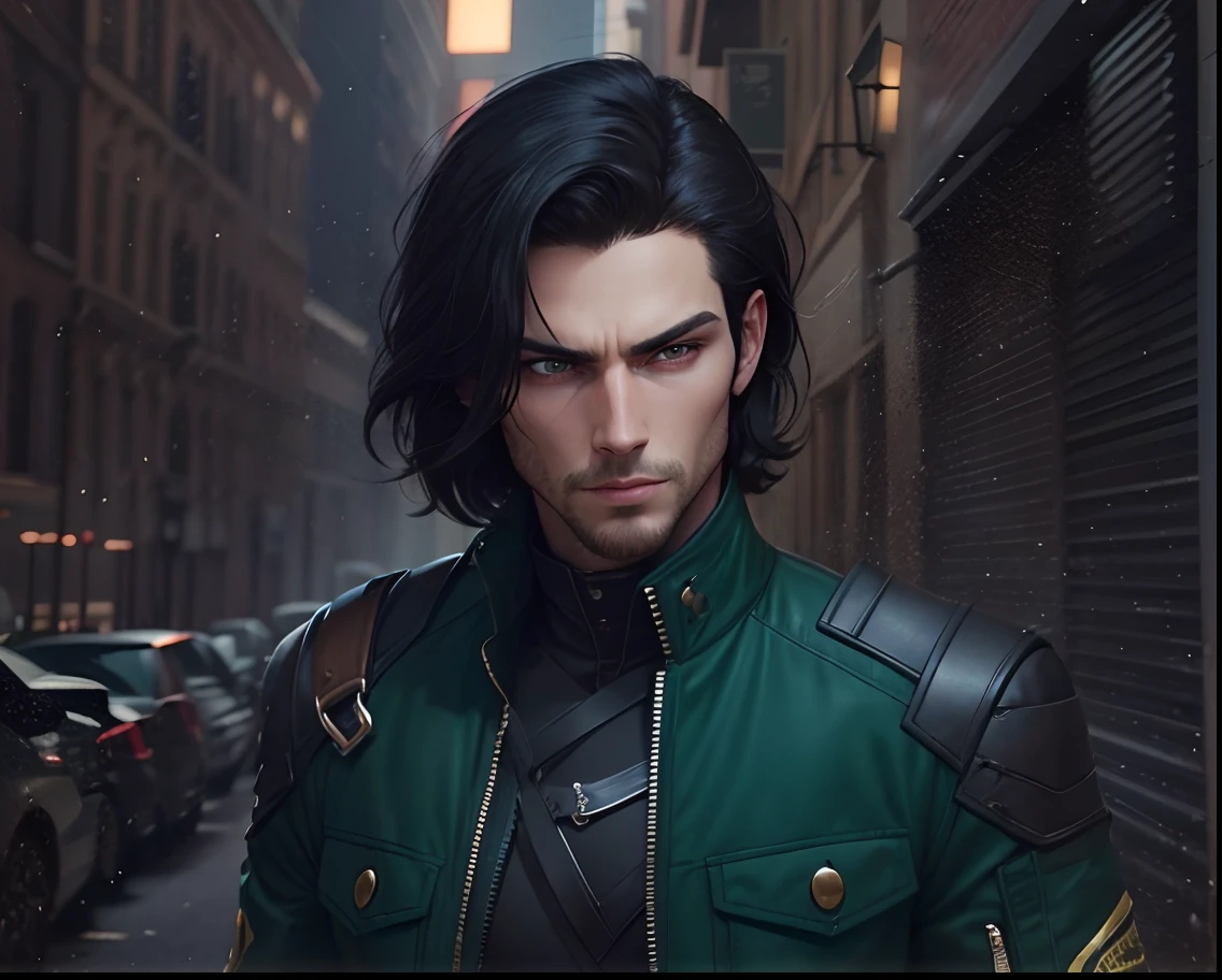 One man, shoulder length black hair, wearing a green jacket, realistic. super realistic. facial details, blue eyes, handsome animation. realistic facial details.