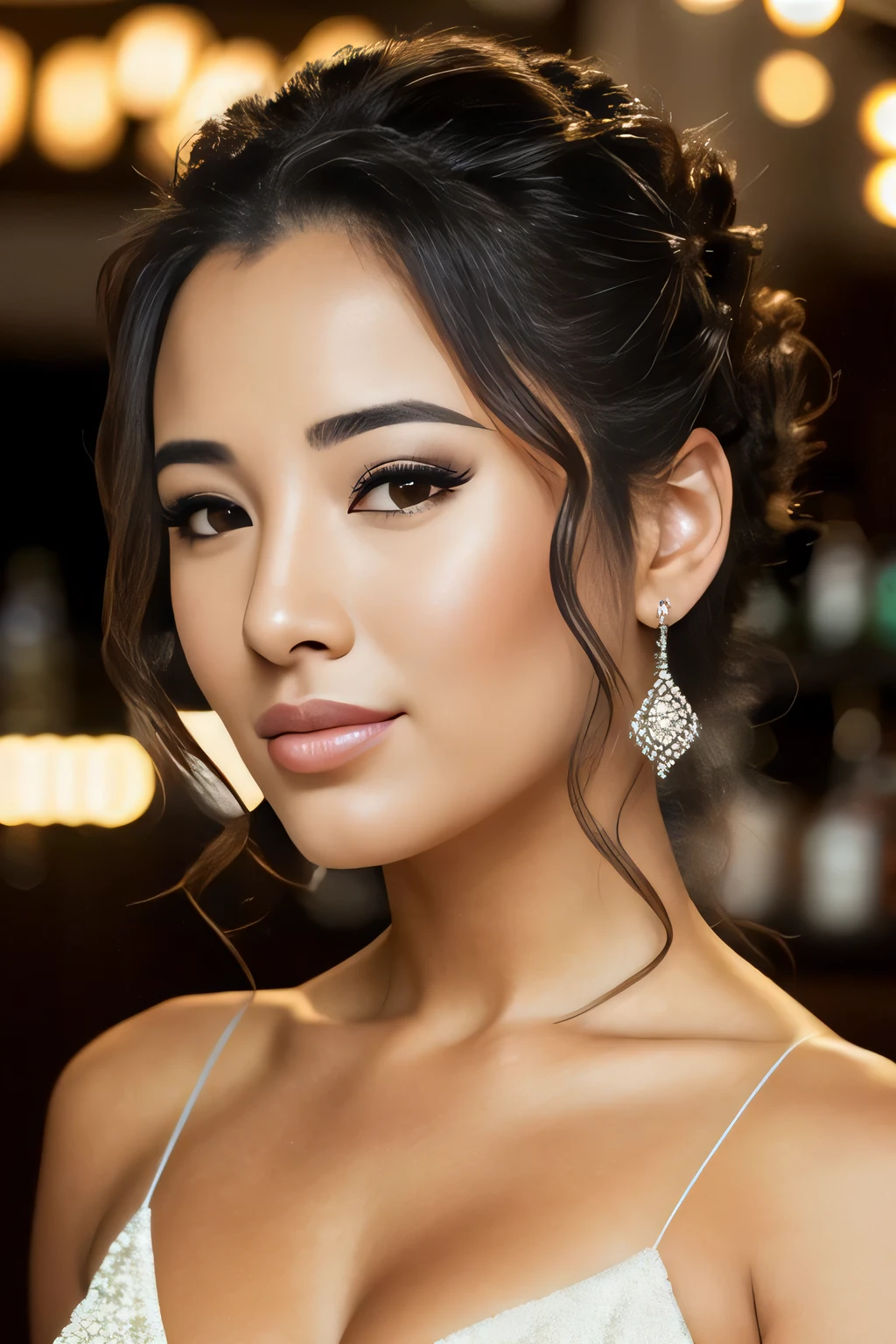 portrait photo of AngieVarona beautiful woman hair updo upsweep nightclub sitting at bar (masterpiece) (best quality) (detailed) (8k) (HDR) (wallpaper) (cinematic lighting) (sharp focus) (intricate)