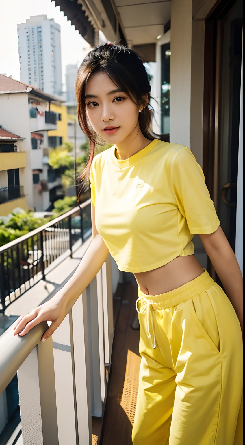 arafed asian woman in yellow shirt standing on a balcony, taken with canon eos 5 d, wearing a modern yellow tshirt, wearing yellow croptop, shot on nikon d 3 2 0 0, close up half body shot, (((yellow))), taken with a canon eos 5d, taken with a canon eos 5 d, mid shot portrait, sporty, post processed