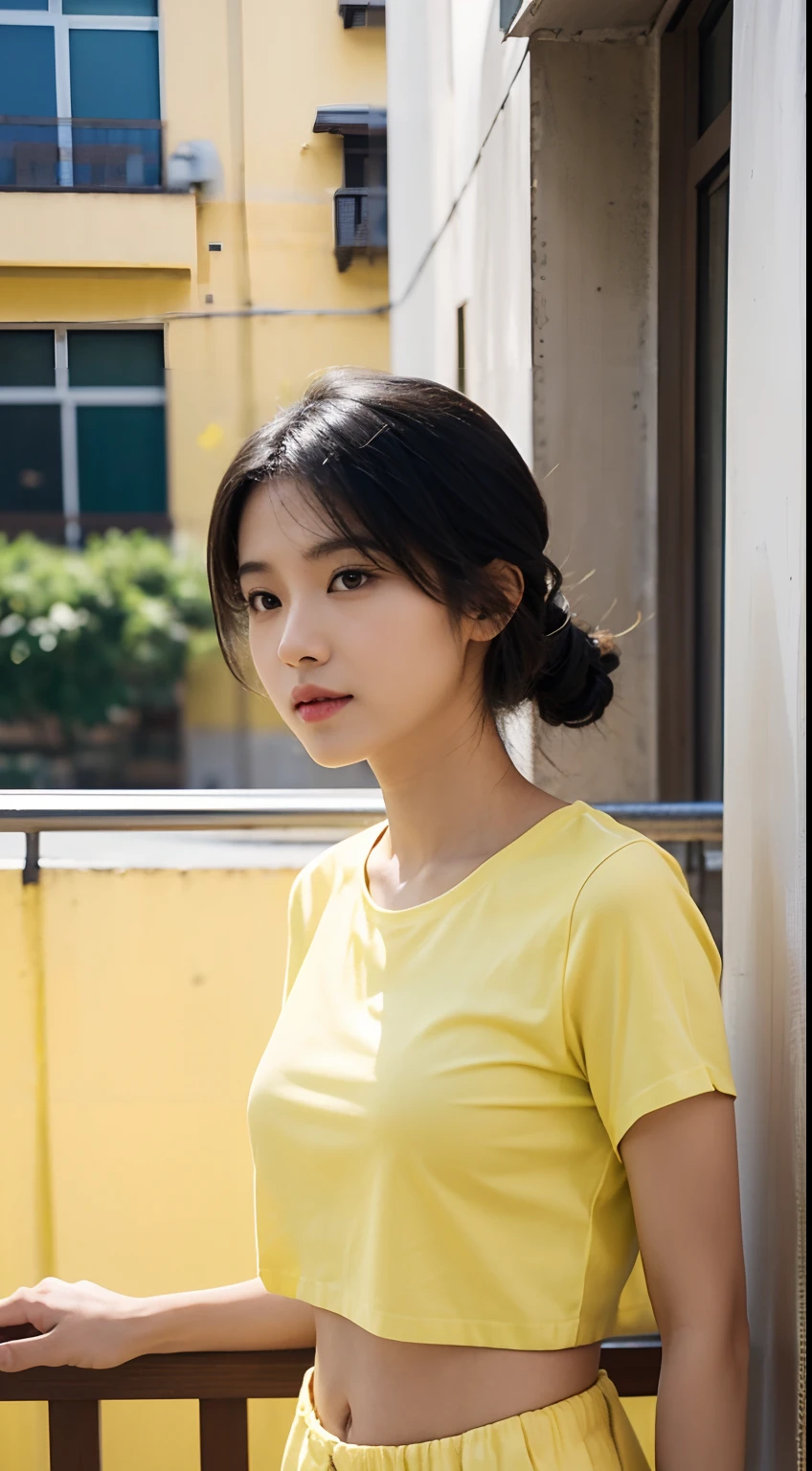 arafed asian woman in yellow shirt standing on a balcony, taken with canon eos 5 d, wearing a modern yellow tshirt, wearing yellow croptop, shot on nikon d 3 2 0 0, close up half body shot, (((yellow))), taken with a canon eos 5d, taken with a canon eos 5 d, mid shot portrait, sporty, post processed
