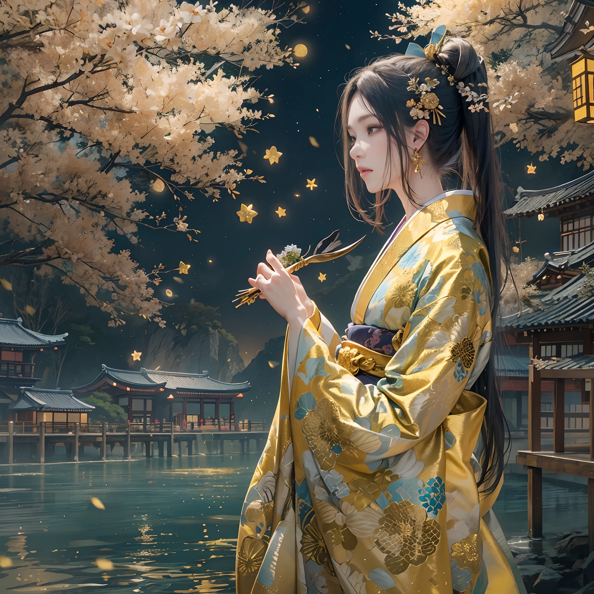 Try to give a bouquet of flowers to viewers、
watching at viewers、Ancient capital and moon in the background、((dense background))、poneyTail、Woman with shiny black hair、perfect hand、BREAK {{{Luxury kimono(Colorful kimono(Detailed golden embroidery,))}}}、face perfect,Depict a beautiful and graceful woman of Japan,poneyTail,Heart in the eye。full body Esbian。 Wallpaper 8K, .Blur the background with a sickle,((masutepiece)), ((Best Quality))