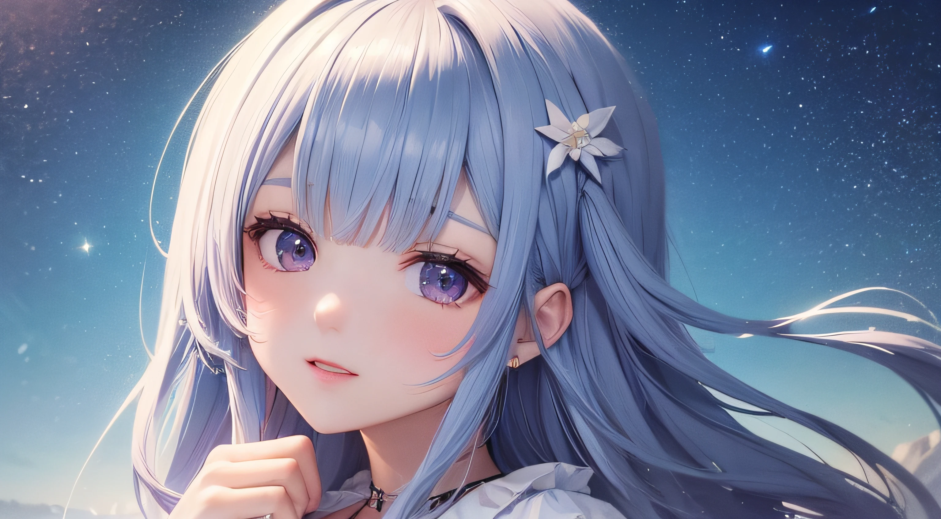 Anastasia Kosinа, Anastasia Kosin, Long Hair, blue eyes, Purple Hair, big_chest, Combed bangs, break hair ornament, Long sleeve, it is, dress, gift, star \(symbol\), white dress, Fur trim, white headdress, pink gift, pom-pom \(cloth\), star hair ornament, break looking at viewer, whole body, break indoors, break (masterpiece:1.2), Highest quality, High resolution, unity 8k wallpaper, (figure:0.8), (Beautiful attention to detail:1.6), Highly detailed face, Perfect lighting, Highly detailed computer graphics, (Perfect hands, Ideal anatomy), big_chest