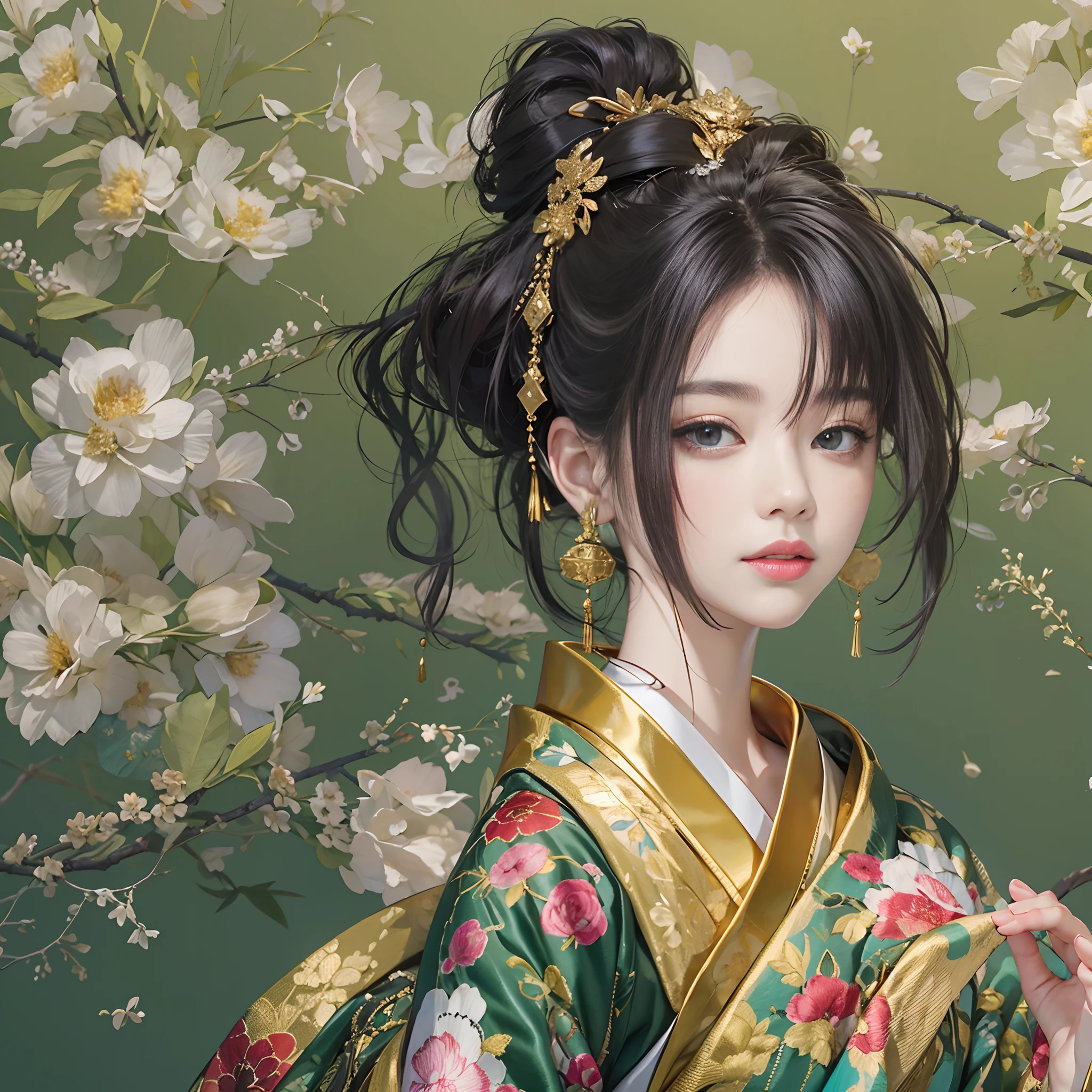 Try to give a bouquet of flowers to viewers、
watching at viewers、Ancient capital and moon in the background、((dense background))、poneyTail、Woman with shiny black hair、perfect hand、BREAK {{{Luxury kimono(Colorful kimono(Detailed golden embroidery,))}}}、face perfect,Depict a beautiful and graceful woman of Japan,poneyTail,Heart in the eye。full body Esbian。 Wallpaper 8K, .Blur the background with a sickle,((masutepiece)), ((Best Quality))