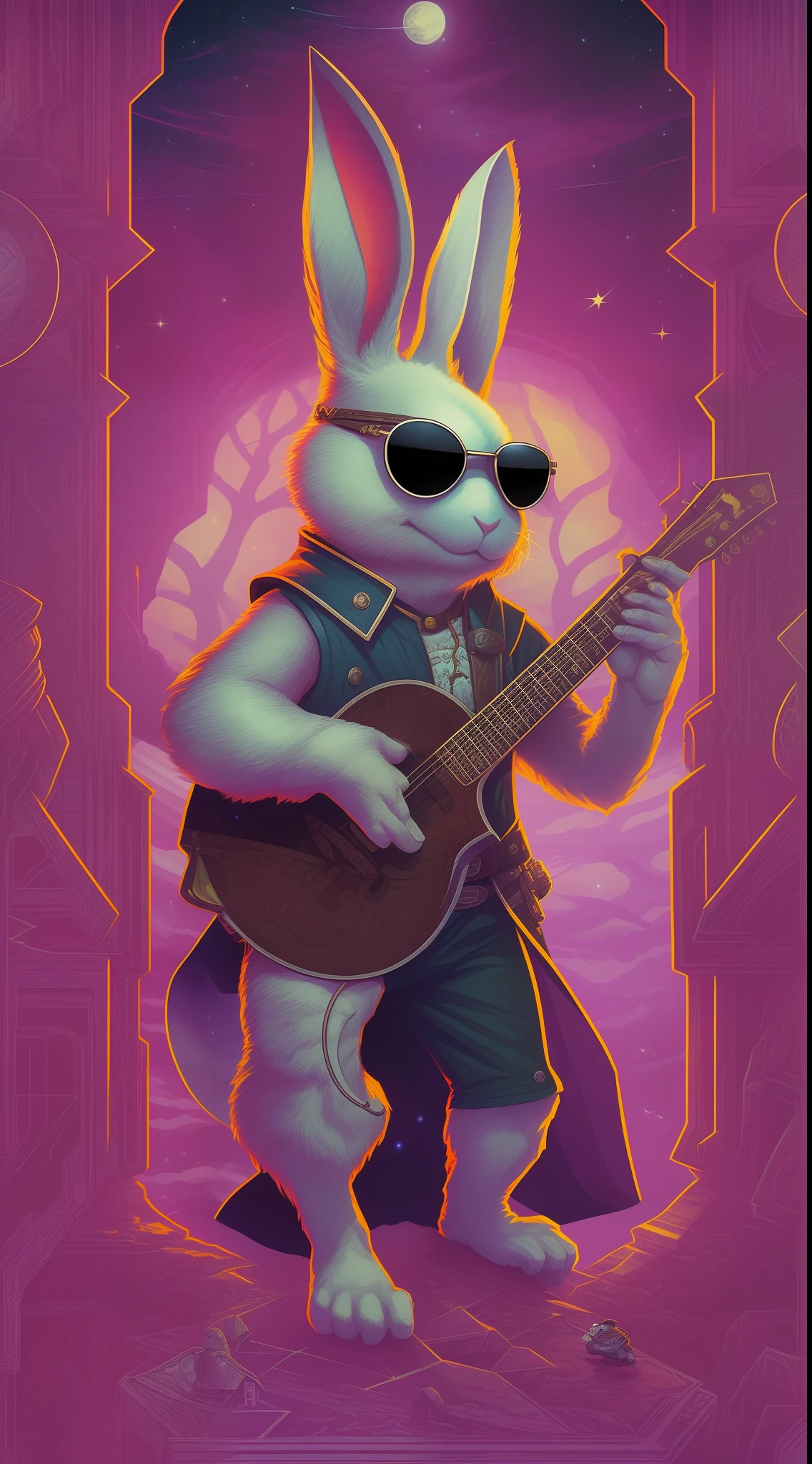 (1 little white rabbit(anthropomorphic turtle,))wearing a choker,with tattoos, sunglasses, Black leather jacket,black glove,holding guitars,Masterpiece, Centered, symetry,expert, insanely details, 4K, composition, The frames, picure, Intricate, voluminetric lighting, Beautiful, rich deep colors masterpiece, Sharp focus, Ultra detailed, in the style of dan mumford and marc simonetti, astrophotography