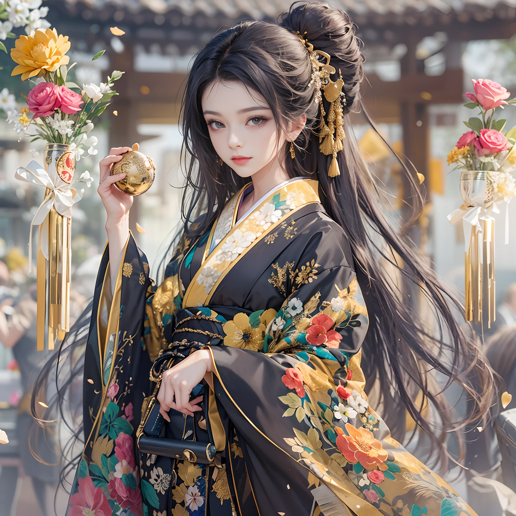 Try to give a bouquet of flowers to viewers、
watching at viewers、Ancient capital and moon in the background、((dense background))、poneyTail、Woman with shiny black hair、perfect hand、BREAK {{{Luxury kimono(Colorful kimono(Detailed golden embroidery,))}}}、face perfect,Depict a beautiful and graceful woman of Japan,poneyTail,Heart in the eye。full body Esbian。 Wallpaper 8K, .Blur the background with a sickle,((masutepiece)), ((Best Quality))