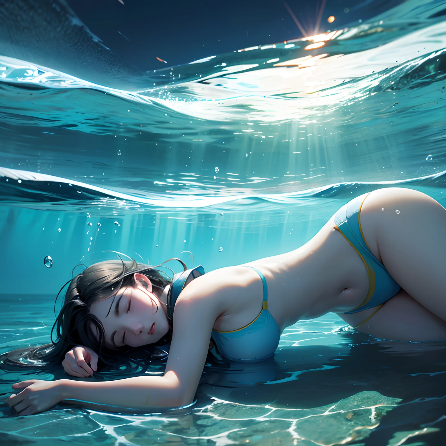 under the water,ocean floor,Sunlight shines through the sea,A teenage girl,Quietly fell asleep in the water