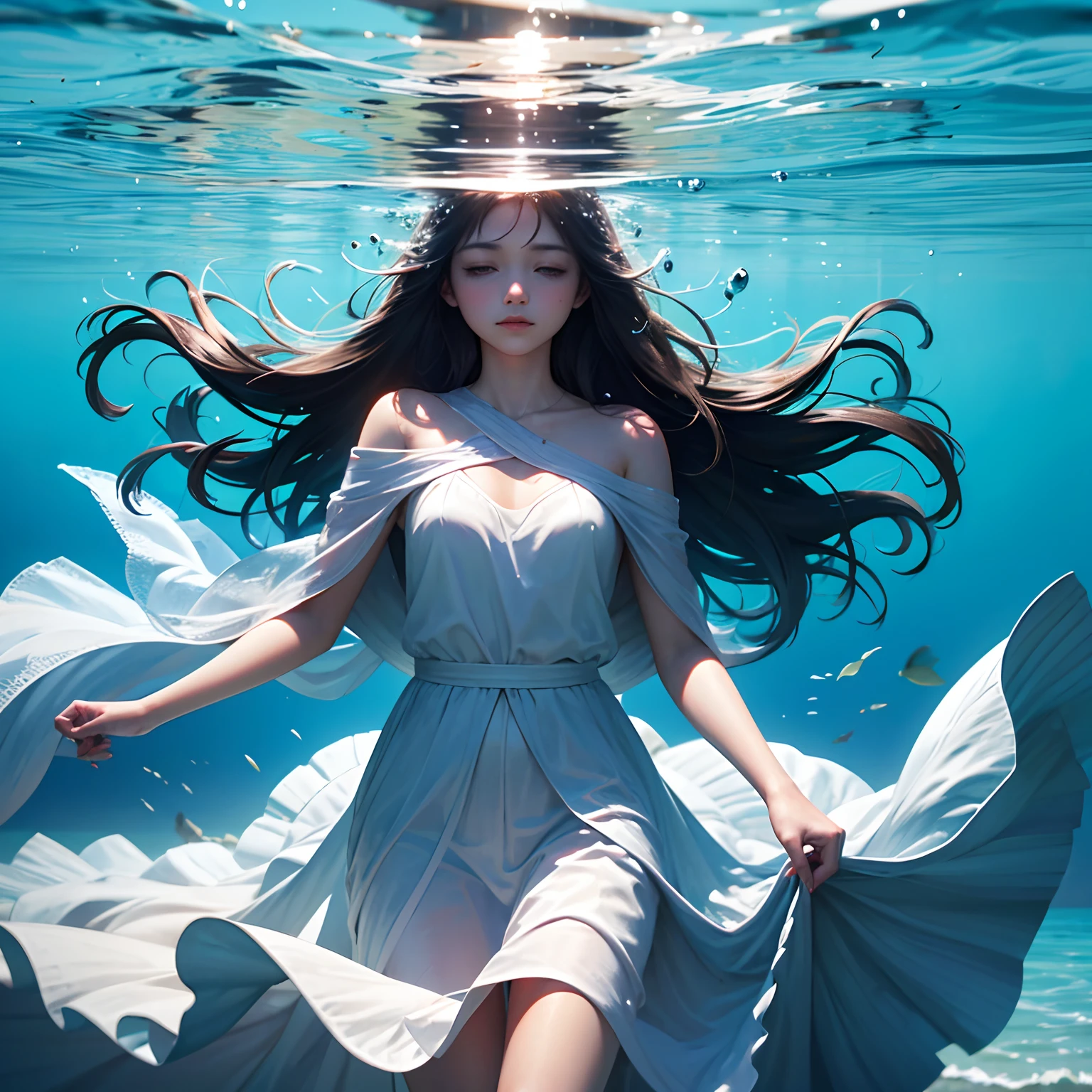 Beautiful girl in a white shine through dress that swims over the bottom of the Australian sea with lots of coral. Naked body visible under the dress, dirty 1.4