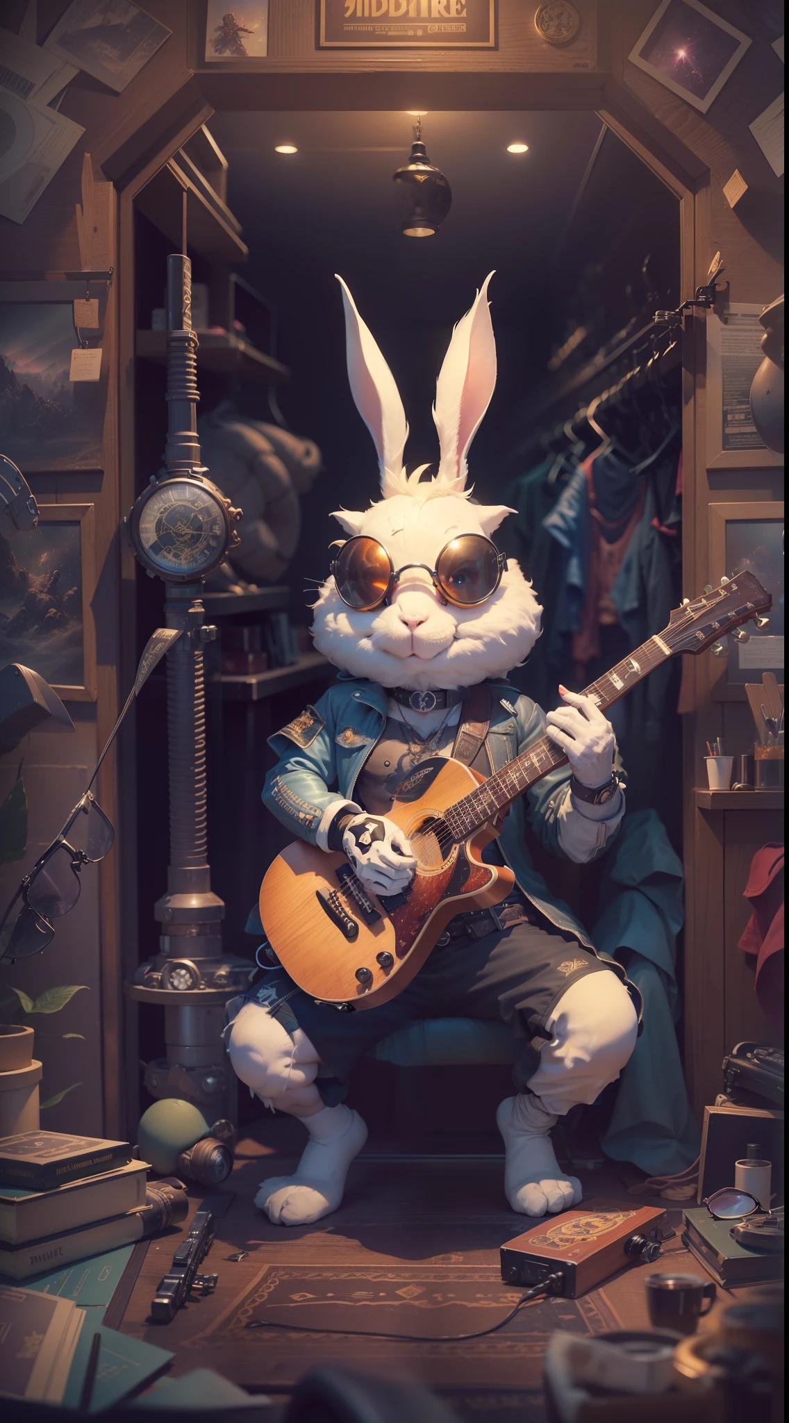 (1 little white rabbit(anthropomorphic turtle,))wearing a choker,with tattoos, sunglasses, Black leather jacket,black glove,holding guitars,Masterpiece, Centered, symetry,expert, insanely details, 4K, composition, The frames, picure, Intricate, voluminetric lighting, Beautiful, rich deep colors masterpiece, Sharp focus, Ultra detailed, in the style of dan mumford and marc simonetti, astrophotography