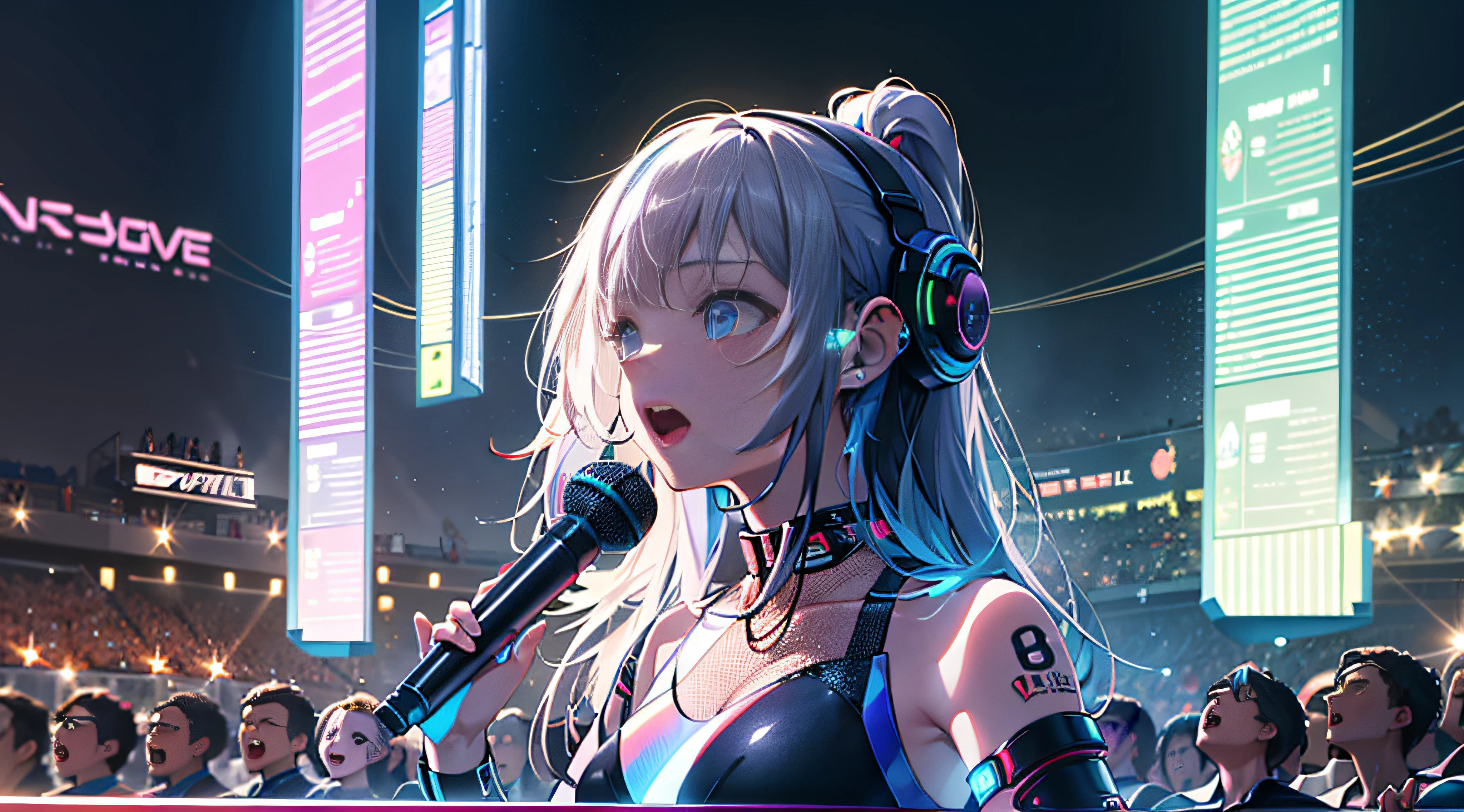 Create a creative art scene of AI singing on stage in front of an enthusiastic audience at a futuristic metaverse music festival.high quality cute girl singer stands on holographic stage、Imagine playing music with digital licenses and emotions. Beautiful scene combined with audience reaction, Light production, And a futuristic musical experience,8K.High quality,Hyper realistic,