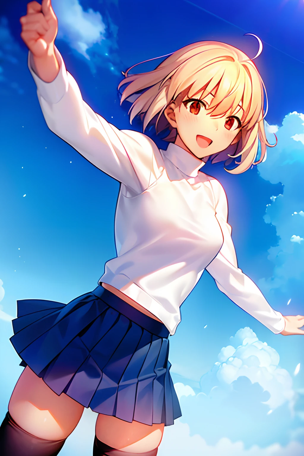 takashi takeuchi、Tsukihime、Warden Brunestad、女の子1人、Ahoge、a blond、a miniskirt、(Blue skirt)、red eyes、short-hair、skirt by the、Smile with open mouth、(独奏)、White sweater、(White turtleneck)、((masterpiece))、Black pantyhose、(black thighhighs:1.3)、(Skirt lift:1.3), (White panty:1.3)、(Skirt that rolls up:1.3)、(Fully exposed panties:1.5)、outside of house、plein air、blue-sky