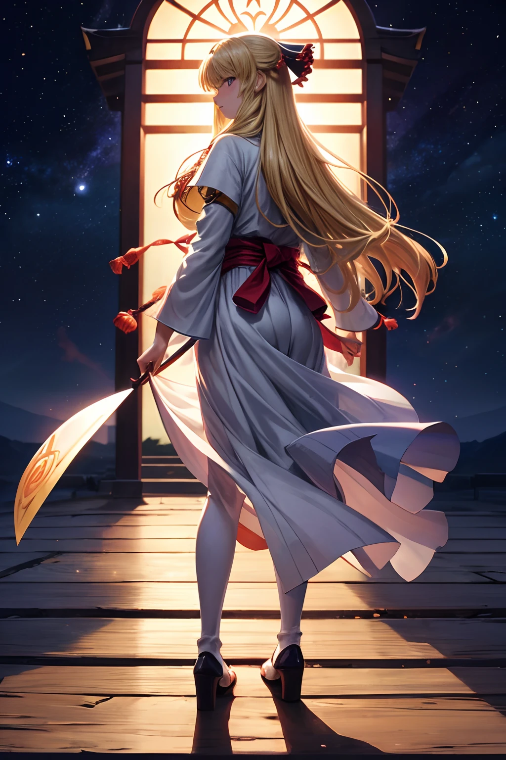 Star Knight, Looking back, fullllbody, shrine maiden, Lonely nape hair, Blonde hair, Anime style, Anime, drop shadow, Best Quality, 4K, awardwinning, Super Detail, Textured skin