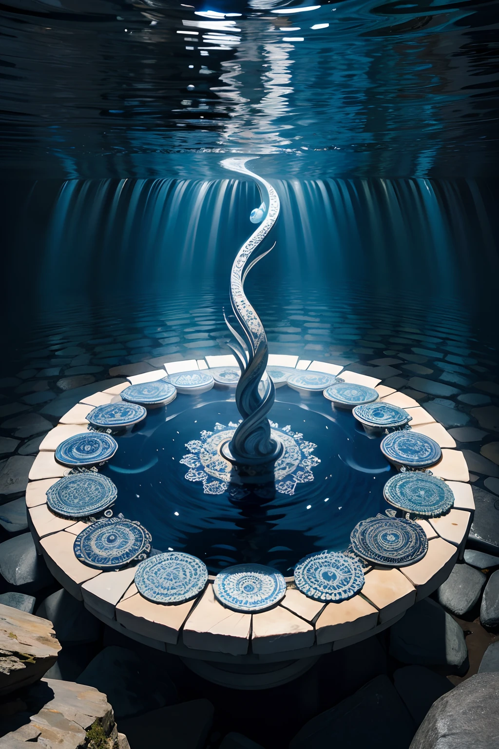 A round ornamental mandala made of a swirling, whirlpool of splashing blue ocean water, surrounded by rocks.