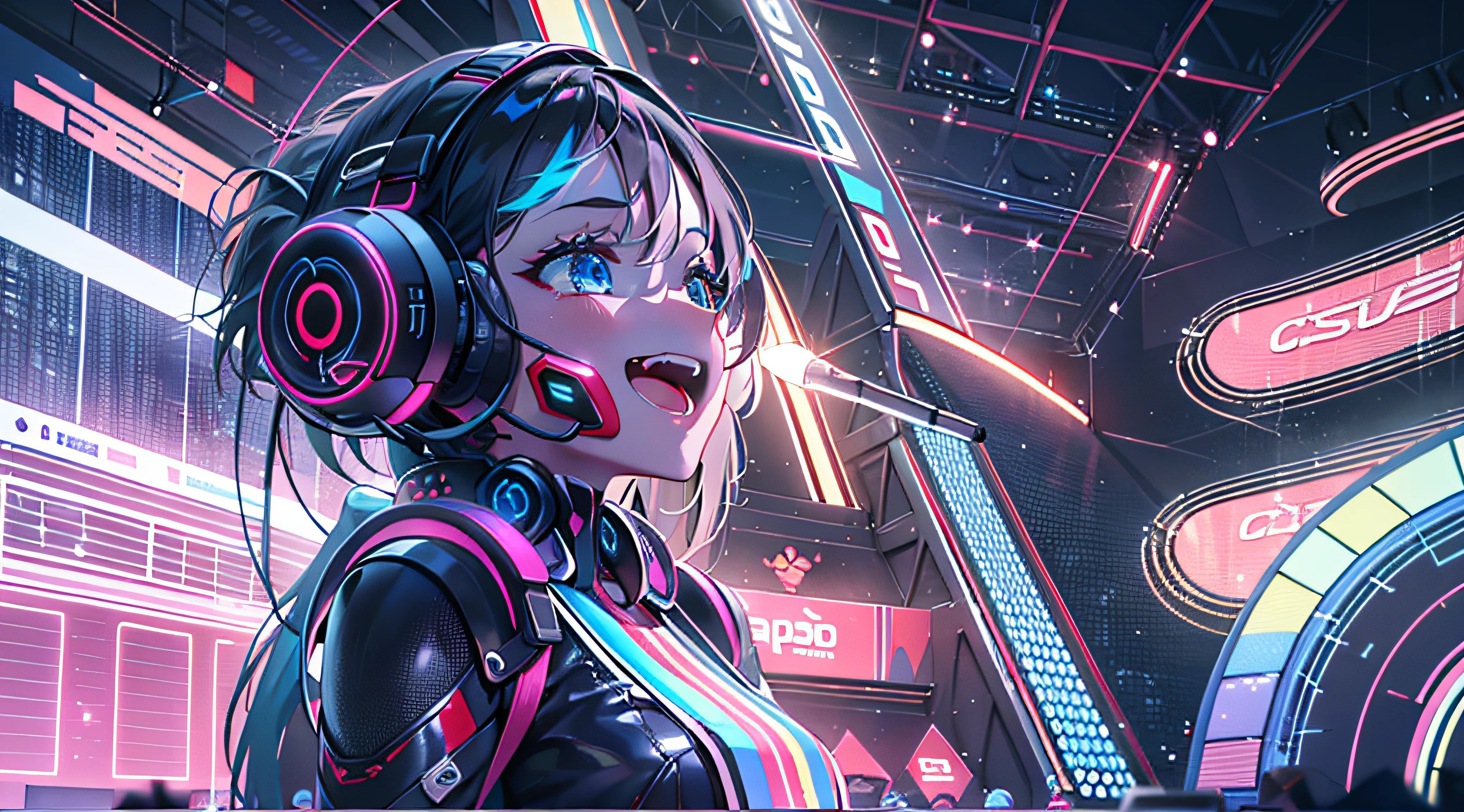Create a creative art scene of AI singing on stage in front of an enthusiastic audience at a futuristic metaverse music festival.high quality cute girl singer stands on holographic stage、Imagine playing music with digital licenses and emotions. Beautiful scene combined with audience reaction, Light production, And a futuristic musical experience,8K.High quality,Hyper realistic,