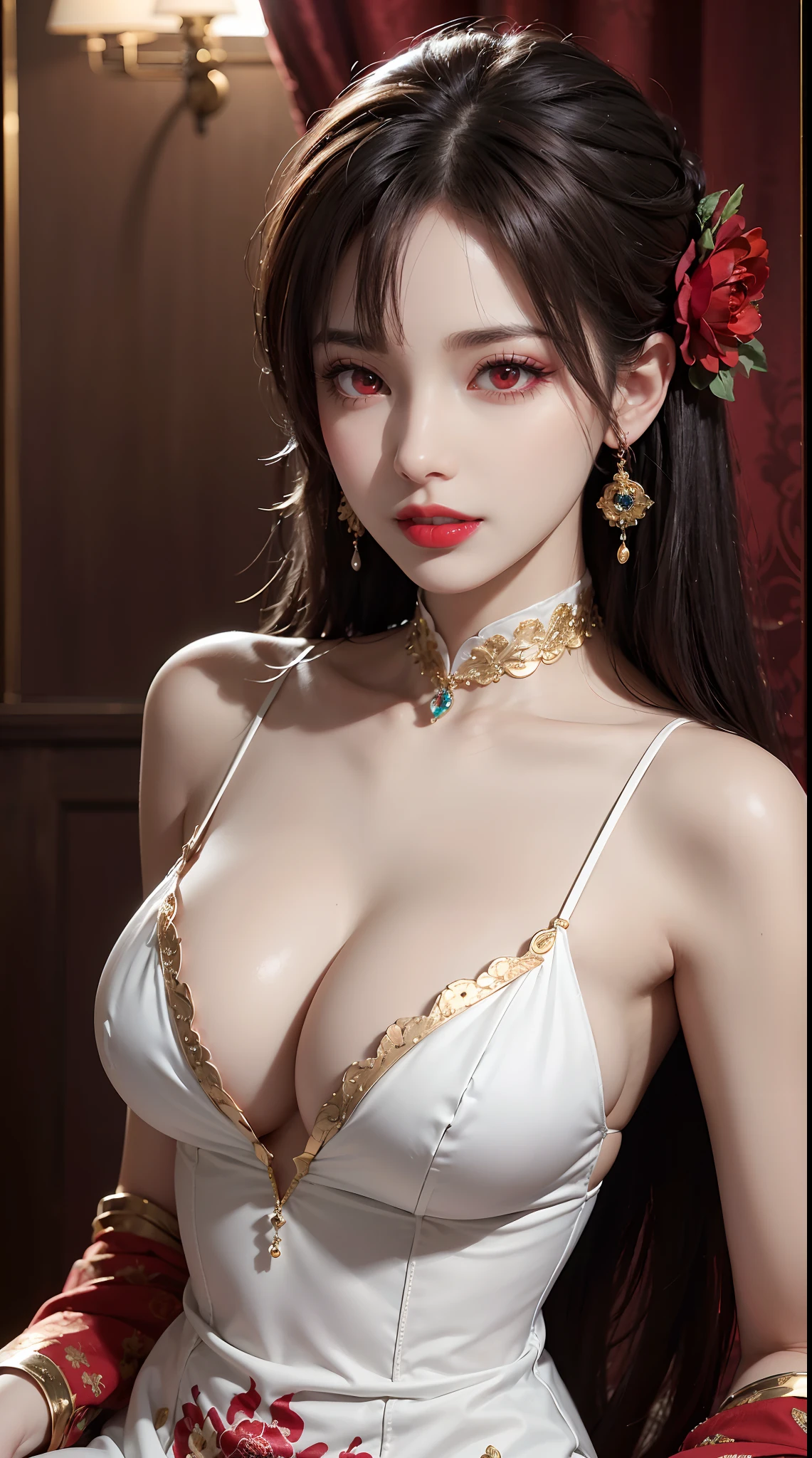"1 beautiful girl in traditional costume, wearing a traditional Chinese ao dai in luminous red, Ao dai with red as the main color, black chest border and gold border, long hair and white bangs, hair jewelry most detailed and beautiful, Super cute little face, Extremely pretty face, sparse eyebrows, most flawless beautiful face, ((black pupil:0.8)), very beautiful eyes, ((eyes red:1.4)), beautiful and detailed eyelashes and very magical makeup, high nose, earrings, thin lips, red lips, no smiling, beautiful lips, rosy face, clean face, flawless beautiful face , smooth white skin, (big breasts: 0.9)), Blums breasts, ((big and super round breasts): 0.9)), ((super tight breasts: 1.2)), ((breast augmentation: 0.8)), beautiful breasts, sitting on the floor, Sitting with legs wide open, thighs wide and not shy, hands behind back, chest forward, leaning back slightly, beautiful girl's upper body, 8k photo, super high quality, hyper realistic, 10x super pixels, photo realistic, bright studio, bright edges, two-tone light color, (high detail) skin: 1.2), 8k ultra, soft light, high quality , volumetric lighting, realistic, Photos, high resolution, light, best photo, 4k, 8k quality, blur effect, Smooth and sharp, 10x pixels, aurora, lightning, super graphics , most realistic graphics,(Red flower background: 1.7), alone, solo, portrait 9:16, Extremely sharp, surreal image."