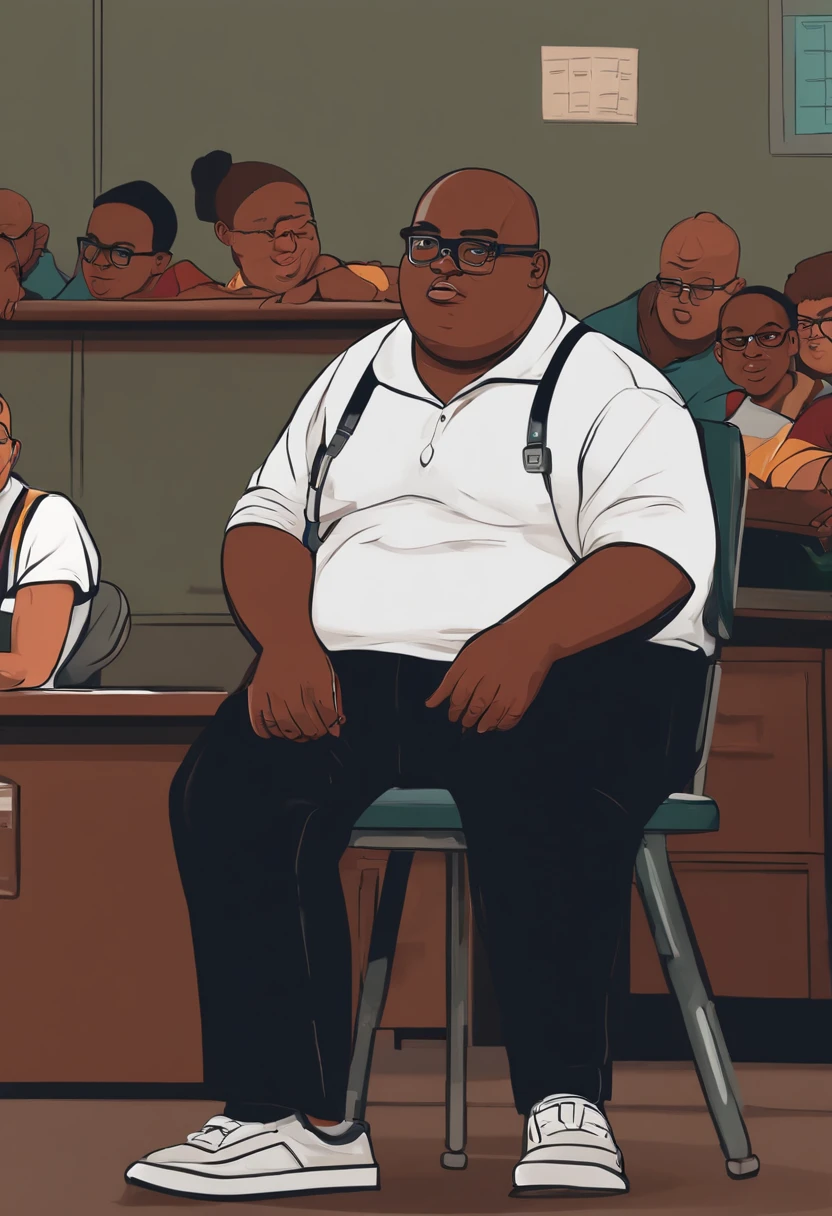 ager man,glasses,scholar,fat,black,classroom background, bald obese, background student sitting on chair angry, students laughing