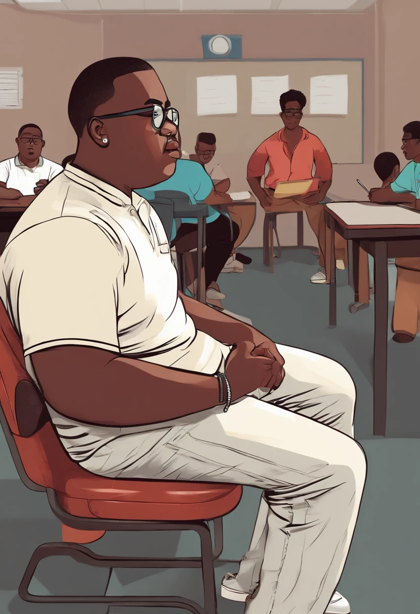 teenager man,glasses,scholar,fat,black,classroom background, bald obese, background student sitting on chair angry, students laughing