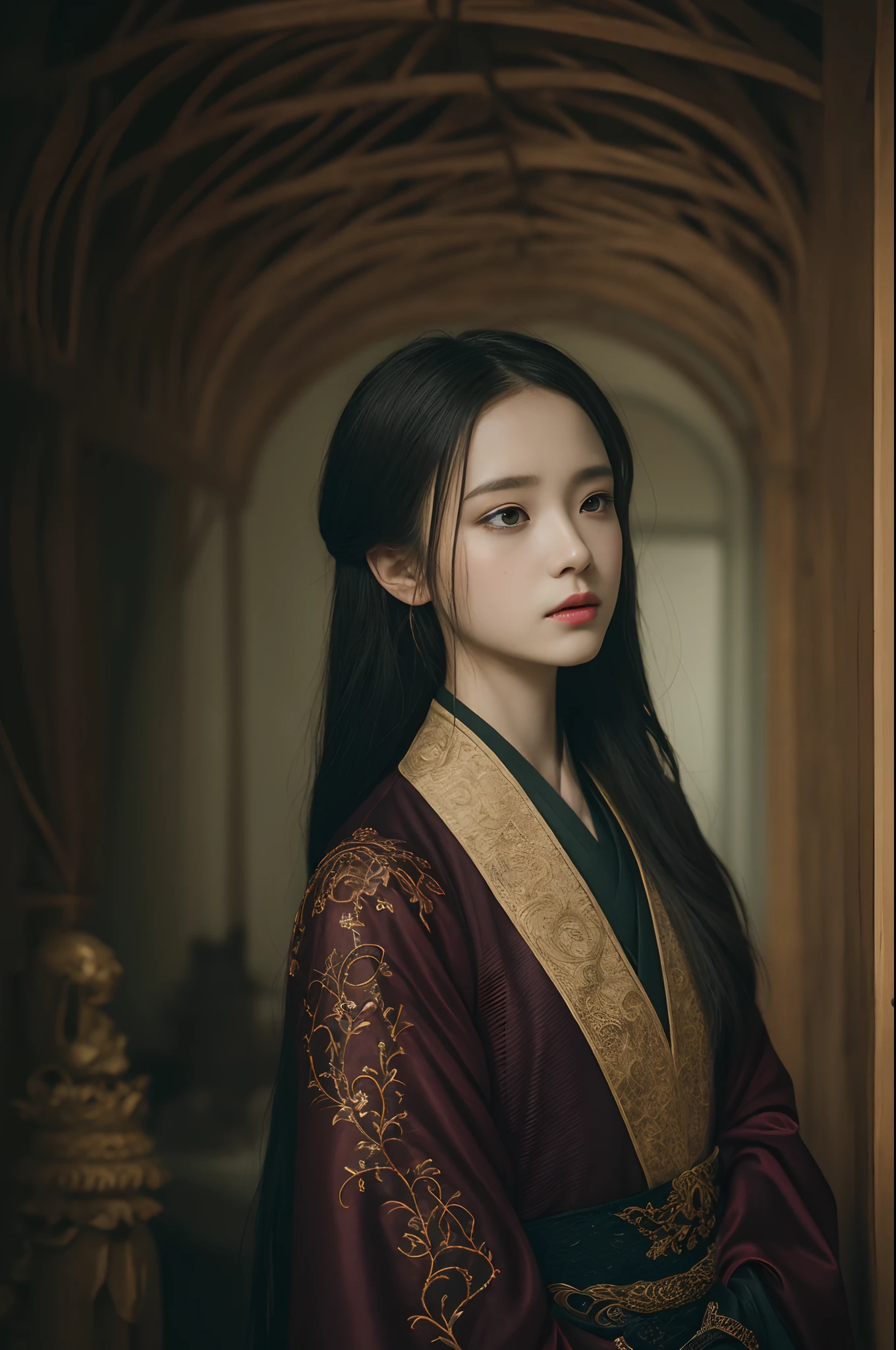 Official Art, Unity 8k wallpaper, super detailed, beautiful, beautiful, masterpiece, best quality,
dark, atmospheric, mystical, romantic, creepy, literature, art, fashion, ming and qing dynasties, decoration, intricate, ironwork, embroidery, contemplation, emotional depth, supernatural, hanfu
1 girl, solo, neck, bust composition