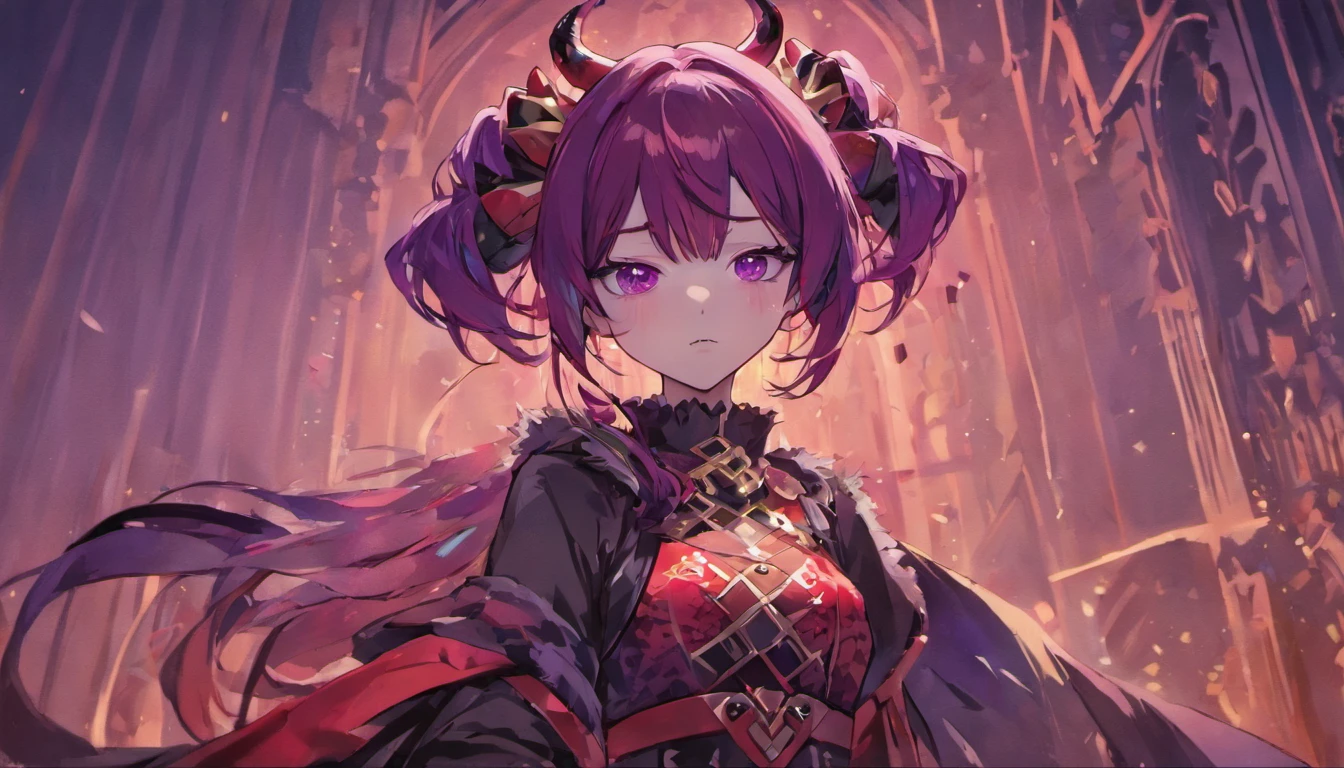 Create an anime girl with horns. She has medium-length dark purple hair with red highlights, and bangs. She has pointy ears poking out of her hair, and is wearing a black and purple dress with a lace pattern, knee-length stockings, and combat boots. Her horns are pointed, thin, and black, with red patterns on them. She has a friendly and alluring expression, with a hint of playfulness in her eyes. Her figure is confident and relaxed, and she is holding a camera in front of her as if she's taking a selfie. Overall, she has an otherworldly beauty that is both mesmerizing and intimidating.
