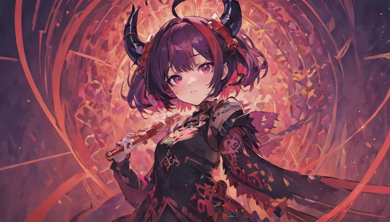 Create an anime girl with horns. She has medium-length dark purple hair with red highlights, and bangs. She has pointy ears poking out of her hair, and is wearing a black and purple dress with a lace pattern, knee-length stockings, and combat boots. Her horns are pointed, thin, and black, with red patterns on them. She has a friendly and alluring expression, with a hint of playfulness in her eyes. Her figure is confident and relaxed, and she is holding a camera in front of her as if she's taking a selfie. Overall, she has an otherworldly beauty that is both mesmerizing and intimidating.
