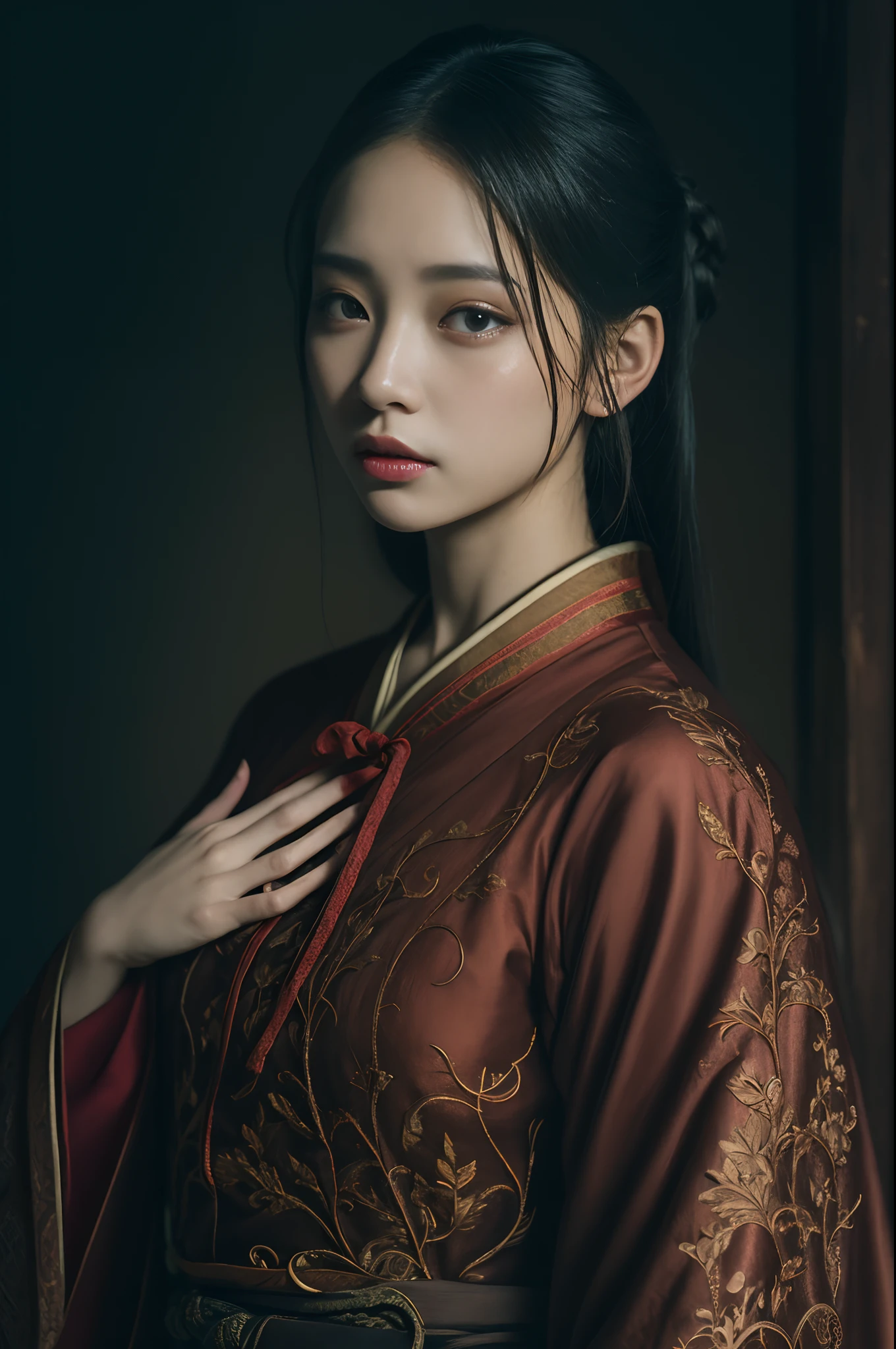 Official Art, Unity 8k wallpaper, super detailed, beautiful, beautiful, masterpiece, best quality,
dark, atmospheric, mystical, romantic, creepy, literature, art, fashion, ming and qing dynasties, decoration, intricate, ironwork, embroidery, contemplation, emotional depth, supernatural, hanfu
1 girl, solo, neck, bust composition