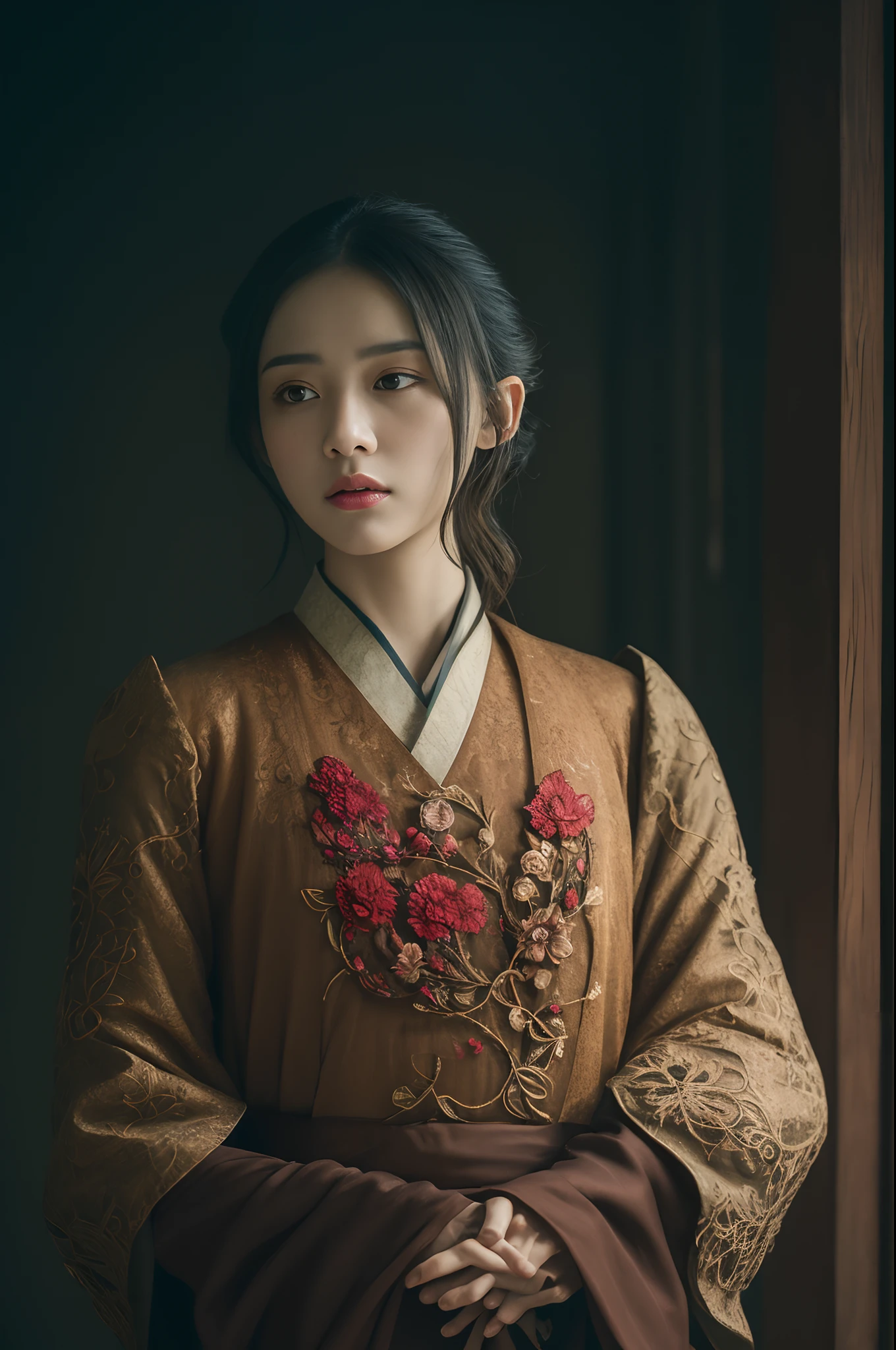 Official Art, Unity 8k wallpaper, super detailed, beautiful, beautiful, masterpiece, best quality,
dark, atmospheric, mystical, romantic, creepy, literature, art, fashion, ming and qing dynasties, decoration, intricate, ironwork, embroidery, contemplation, emotional depth, supernatural, hanfu
1 girl, solo, neck, bust composition