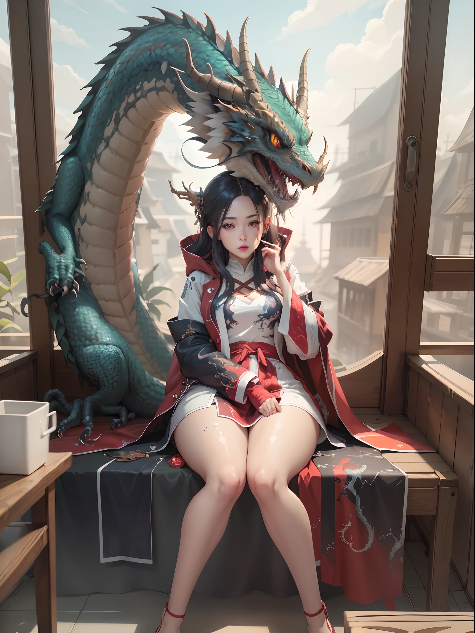 A woman in a red coat sitting on a chair with a dragon, popular on ArtStation Pixiv, detailed anime artwork, detailed digital anime art, complex gorgeous anime CGI style, guvez on pixiv art station, guvez on pixiv, anime fantasy illustration, detailed anime art, clean detailed anime art, detailed key anime art, red lip micro-open,