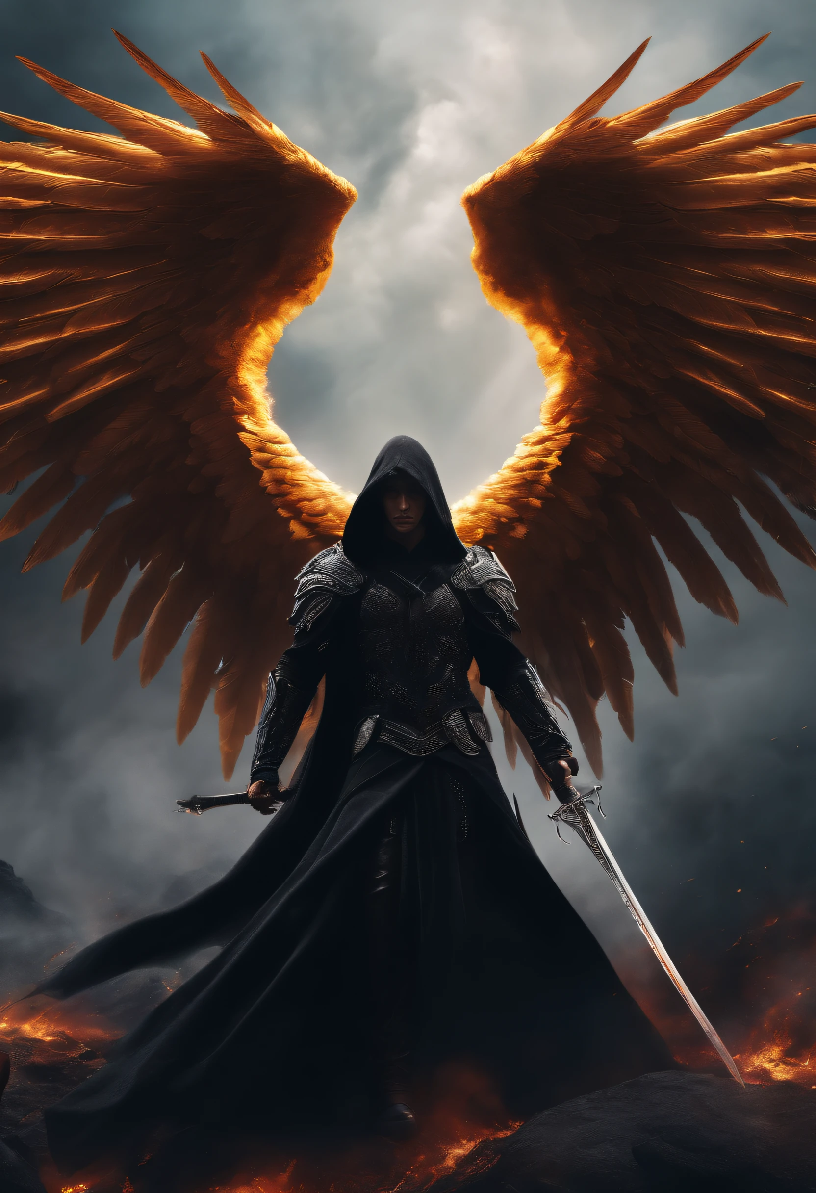 Realistic, 4K, Angels with big wings, Black clothes, one sword, Hood in war background image (chaos)