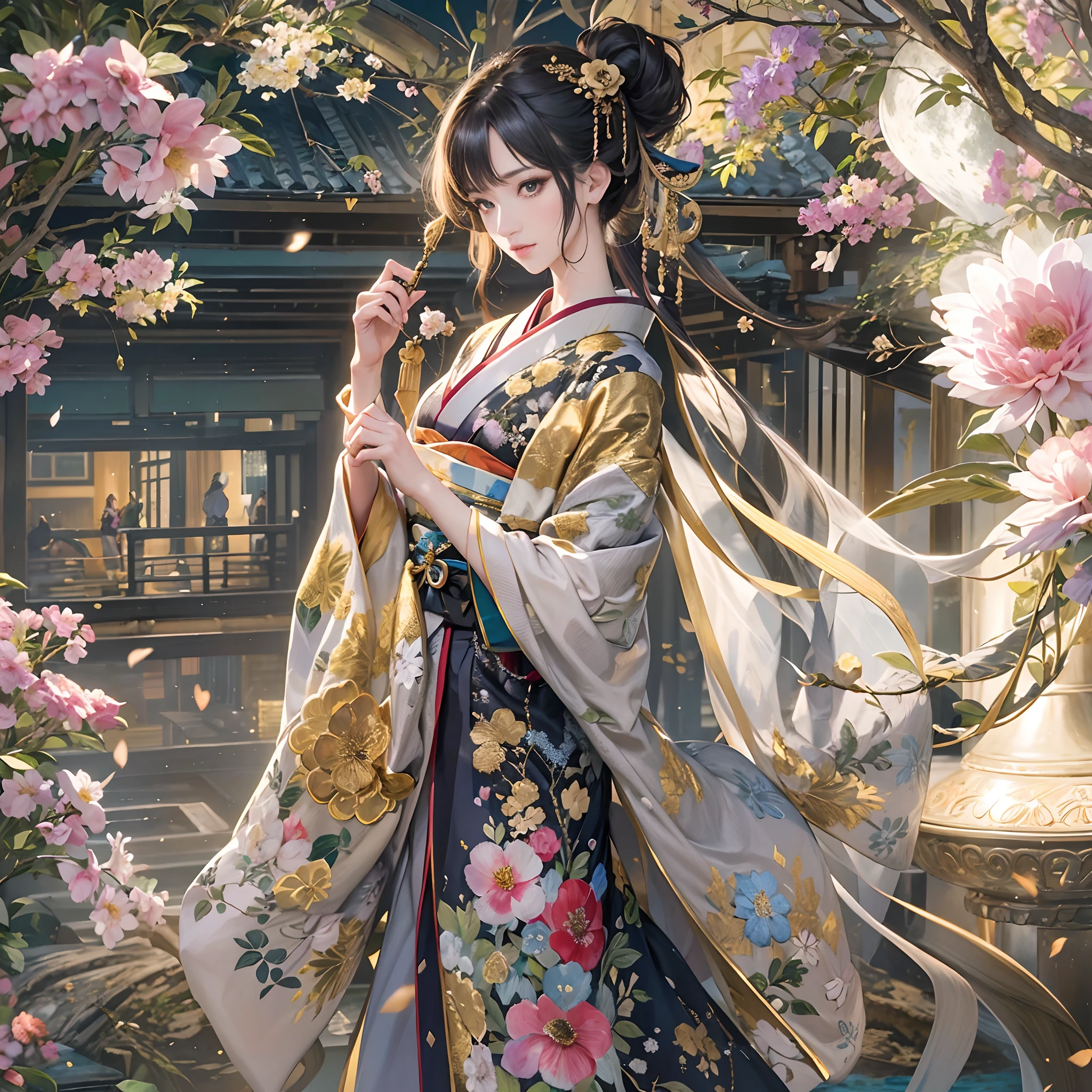 Try to give a bouquet of flowers to viewers、
watching at viewers、for the background(ancient city:1.2)and the moon、((dense background))、poneyTail、Woman with shiny black hair、perfect hand、BREAK {{{Luxury kimono(Colorful kimono(Detailed golden embroidery,))}}}、face perfect,Depict a beautiful and graceful woman of Japan。poneyTail、Heart in the eye。full body Esbian。 Wallpaper 8K, .Blur the background with a sickle,((masutepiece)), ((Best Quality))