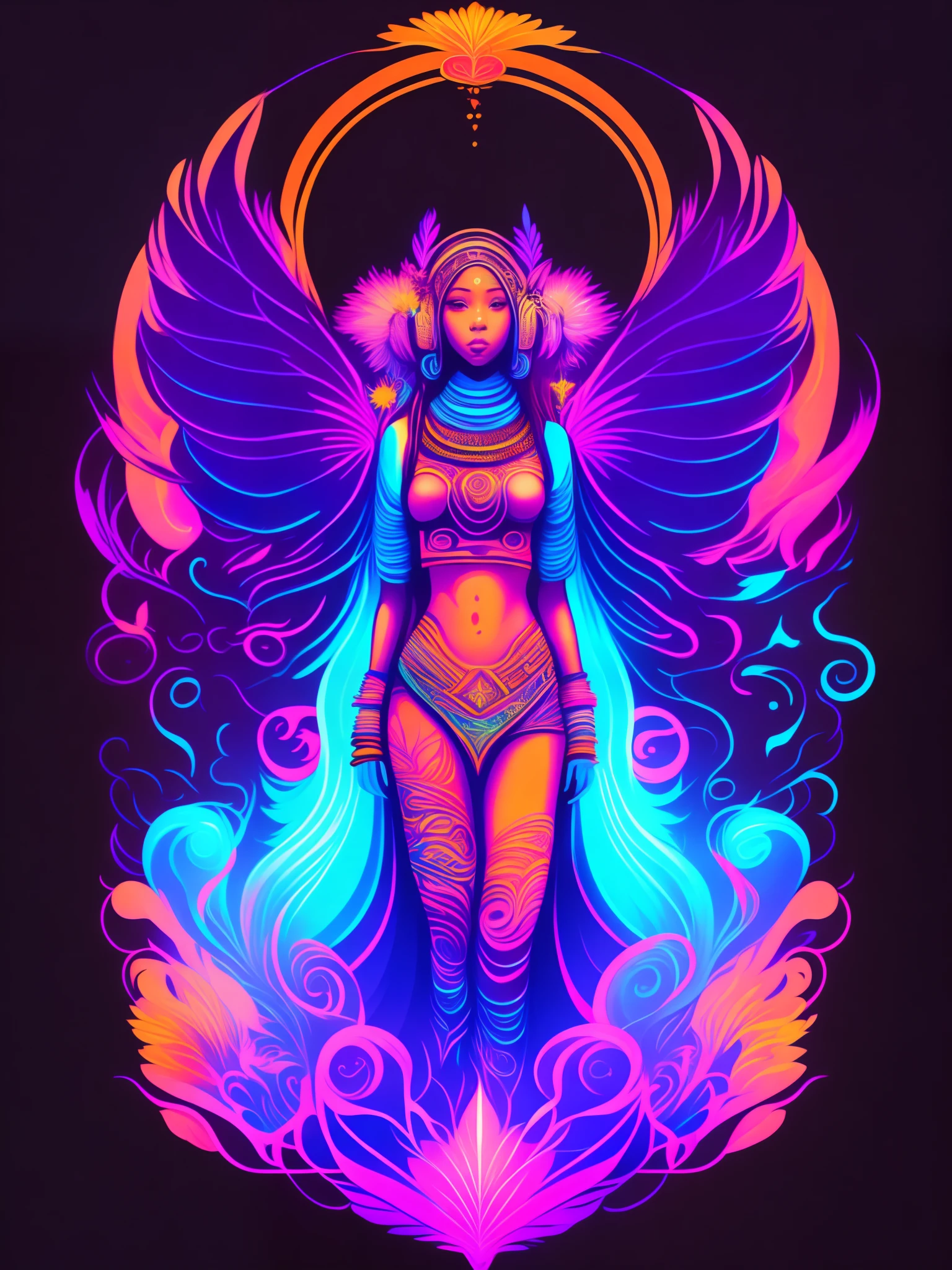 (Full body standing)、Small full-body shots、full bodyesbian、Dreamy journey of abstract native-style ayahuasca、beautiful goddess、Girlshead, headset on head, hoods, Cool colors of neon, tshirt design, rzminjourney, vector-art