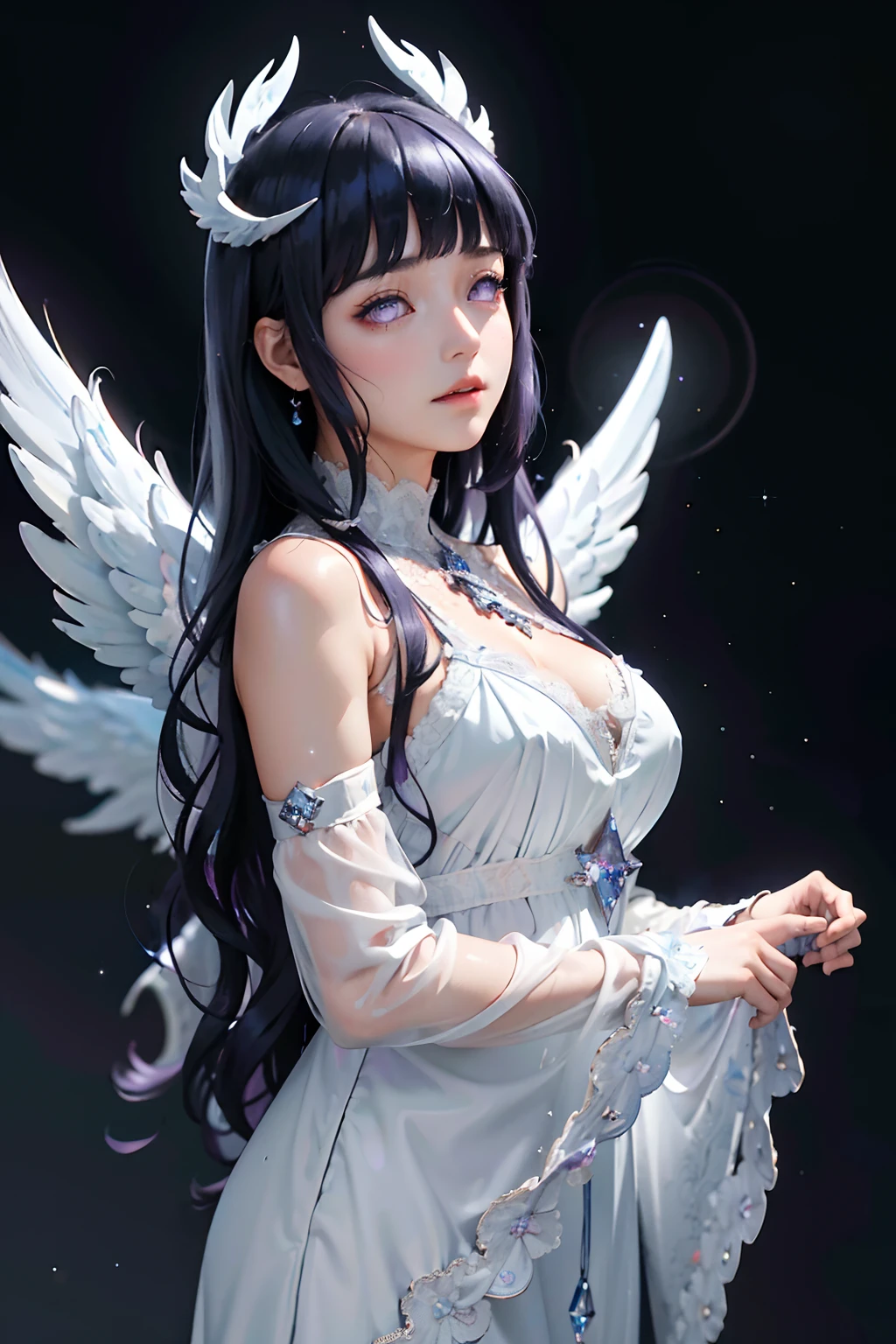 (masterpiece), (best quality:1.4), absurdres, [:intricate details:0.2], angel, angel wings, milky way, sky, shimmering aura, intense focus, crackling energy, mysterious symbols, sparkling motes,Blunt Bangs, purple eyes, long wavy dark blue hair, white dress, lace