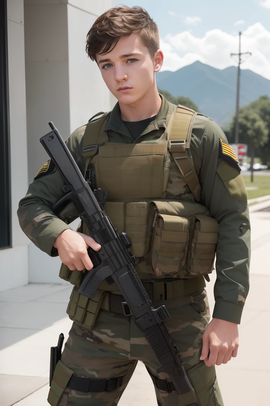 swat fighter, military style, teenage male, Josh Hutcherson, caucassian masculine square face, bottomless, flaccid dick