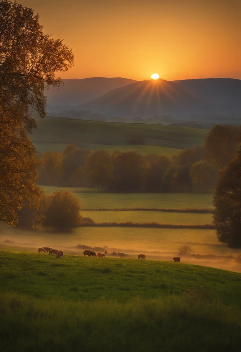 "(best quality,4k,8k,highres,masterpiece:1.2),ultra-detailed,(realistic,photorealistic,photo-realistic:1.37),country background sunset, vibrant colors,warm sunset glow, picturesque countryside, flowing golden fields, majestic mountains in the distance, tranquil river, peaceful farmhouse, tall swaying trees, silhouettes of grazing animals, dreamy atmosphere, immersive natural beauty, breathtaking landscape, soft and warm sunlight, gentle evening breeze, immersive light and shadows, serene and calm ambiance"
