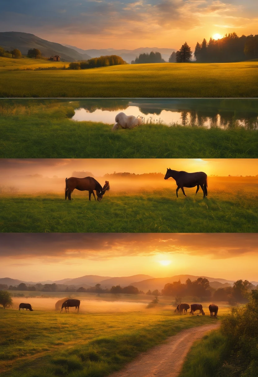 "(best quality,4k,8k,highres,masterpiece:1.2),ultra-detailed,(realistic,photorealistic,photo-realistic:1.37),country background sunset, vibrant colors,warm sunset glow, picturesque countryside, flowing golden fields, majestic mountains in the distance, tranquil river, peaceful farmhouse, tall swaying trees, silhouettes of grazing animals, dreamy atmosphere, immersive natural beauty, breathtaking landscape, soft and warm sunlight, gentle evening breeze, immersive light and shadows, serene and calm ambiance"
