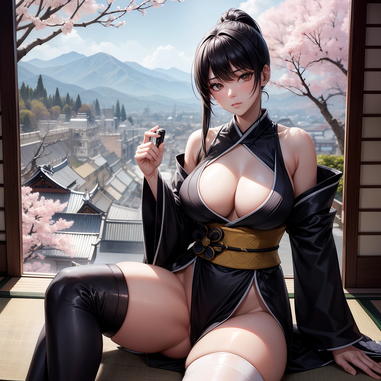 (obra-prima, melhor qualidade: 1.3), A ninja woman, wearing a Japanese kimono (Black, white details), (Using the same reference character, covered legs, Tight), He is sitting, beautiful view, great view, cherry trees in the background, katana on her waist (holding the katana on her waist), cold look, ponytail (long straight hair, black), Sensual body, thick thighs, delicate skin, bangs, ((looking at viewer)), (best quality)