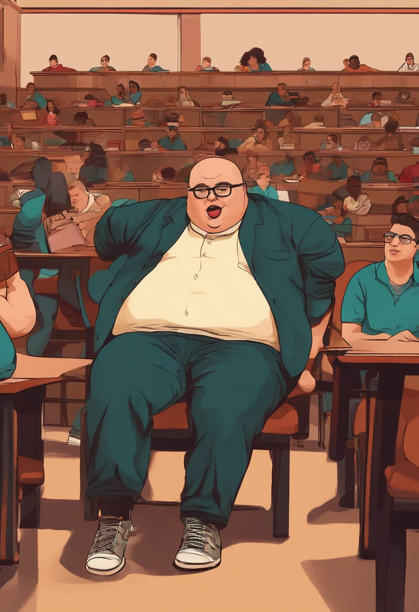 teenager man,glasses,scholar,fat,black,classroom background, bald obese, background student sitting on chair angry, students laughing, realistic 8k full hd