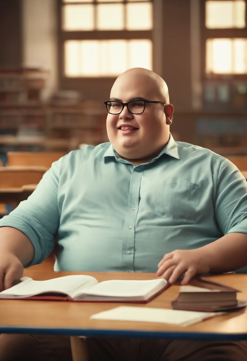 teenager man,glasses,scholar,fat,black,classroom background, bald obese, background student sitting on chair angry, students laughing, realistic 8k full hd