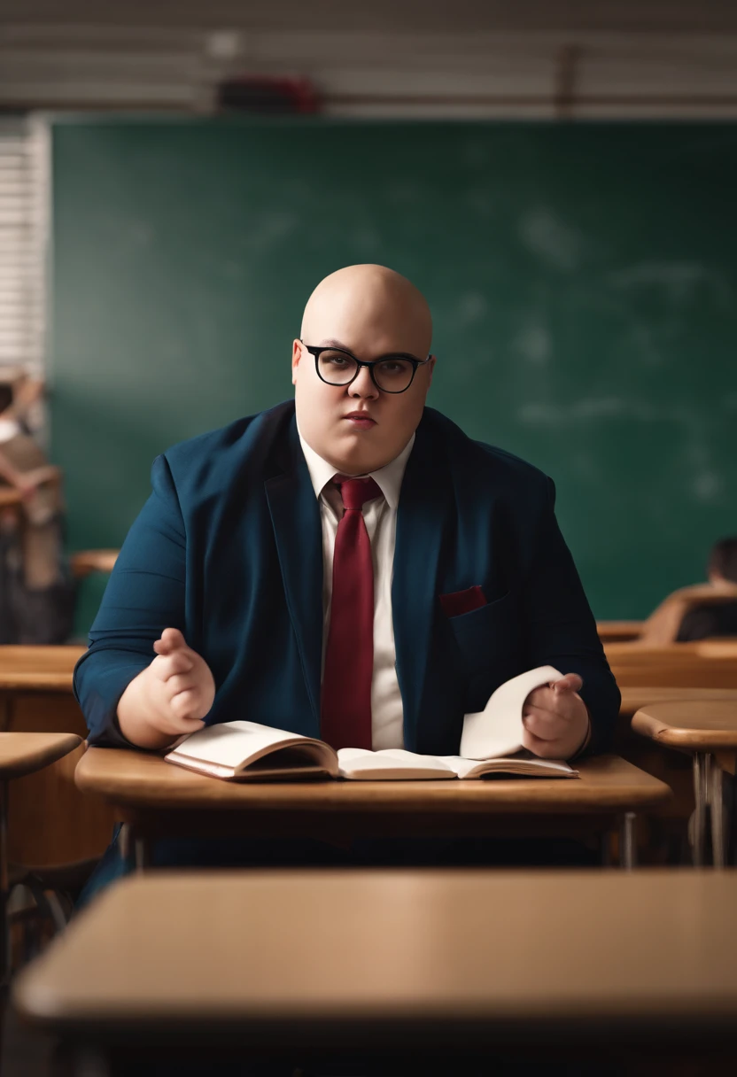 teenager man,glasses,scholar,fat,black,classroom background, bald obese, background student sitting on chair angry, students laughing, realistic 8k full hd