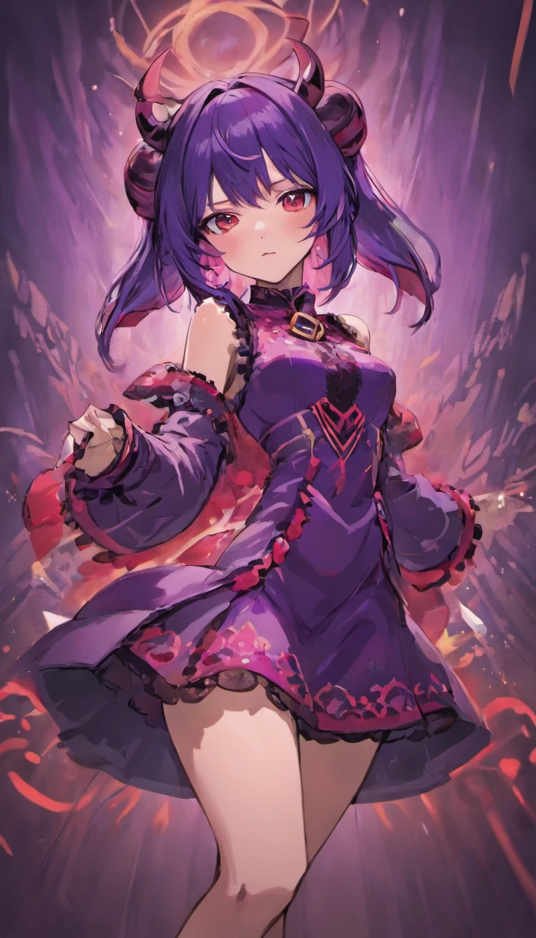 Create an anime girl with horns. She has medium-length dark purple hair with red highlights, and bangs. She has pointy ears poking out of her hair, and is wearing a black and purple dress with a lace pattern, knee-length stockings, and combat boots. Her horns are pointed, thin, and black, with red patterns on them. She has a friendly and alluring expression, with a hint of playfulness in her eyes. Her figure is confident and relaxed, and she is holding a camera in front of her as if she's taking a selfie. Overall, she has an otherworldly beauty that is both mesmerizing and intimidating.