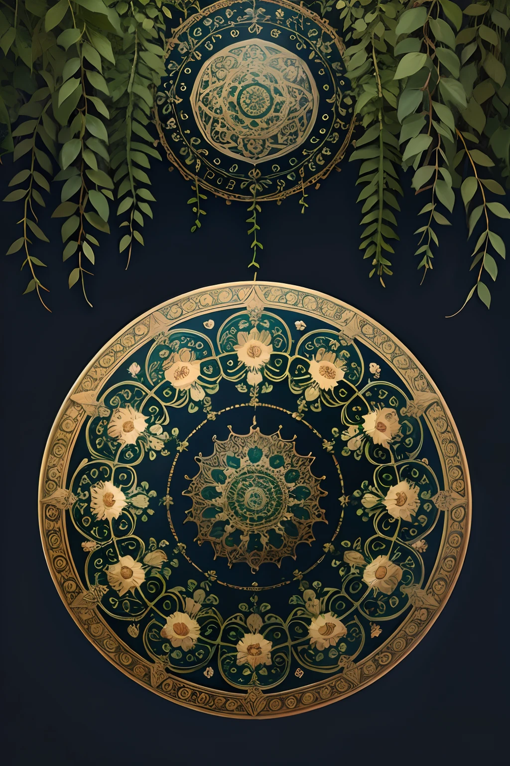 A round ornamental mandala made of green vegetation, plants, flowers and vines.