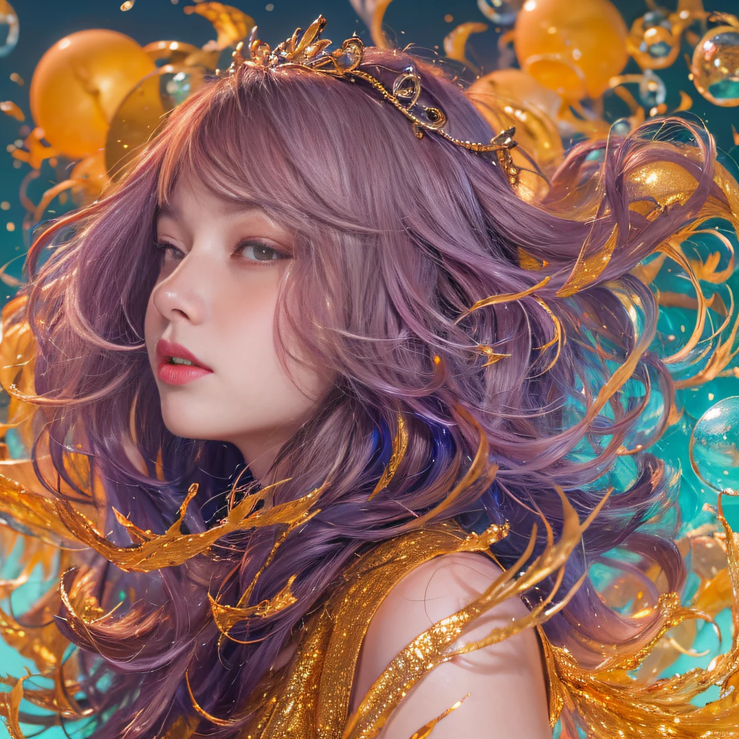 cyan colors,blue colors,enamel,agates,A flesh-colored world,Blood Girl 32K(tmasterpiece,k hd,hyper HD,32K)Long flowing bright orange hair,blood pond,zydink, a color,Grumpy (Post-halo), (Linen scarf), Combat posture, looking at the ground, long whitr hair, Floating bright orange, Fire cloud pattern gold tiara, Chinese long-sleeved gold silk burgundy garment, (Abstract metaverse splash:1.2), white backgrounid,Lotus vitality protector(realisticlying:1.4),Bright purple hair,Smoke on the road,The background is pure, A high resolution, the detail, RAW photogr, Sharp Re, Nikon D850 Film Stock Photo by Jefferies Lee 4 Kodak Portra 400 Camera F1.6 shots, Rich colors, ultra-realistic vivid textures, Dramatic lighting, Unreal Engine Art Station Trend, cinestir 800,A girl with long flowing bright orange hair,Huge multicolored bubbles
