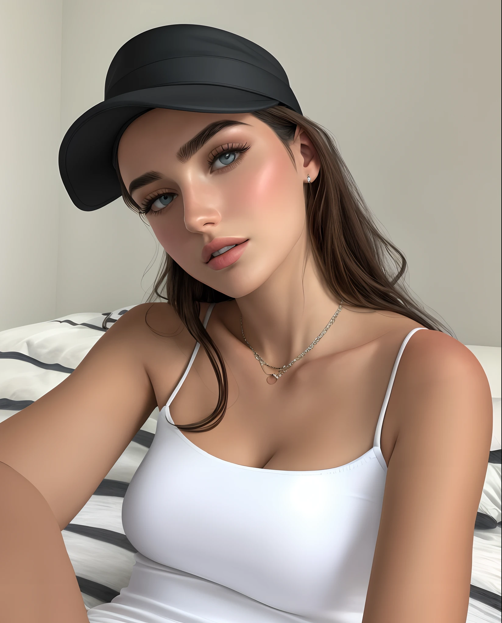 Arafed woman in a white tank top and black hat, Retrato Sophie Mudd, Modelo do Instagram, with hat, she is wearing a black tank top, wearing a chocker and cute hat, Emily Ratajkowski, Angelina Stroganova, Viktoria Gavrilenko, olivia culpo, rosto e corpo atraentes, Parece Laura Barriales, fotografia realista, fotografia, obra-prima, realista, Realismo, renderizado, Alto contraste, Arte Digital, fotográficorealista, trend in Artstation 8k HD, high definiton, circunstanciado, Realistic, detalhada, textura da pele, hiperdetalhada, Textura realista da pele, melhor qualidade, ultra high-resolution, (fotografia realista: 1.4), alta resolução, detalhada, fotografia crua, sharp resolution, Nikon D850 filmes, fotografia de stock 4, Kodak Portra 400 Camera F1 Lens.6, textura hiper realista, lighting dramatic, Unrealistic trend in Artstation Cinestill 800, ..RAW.