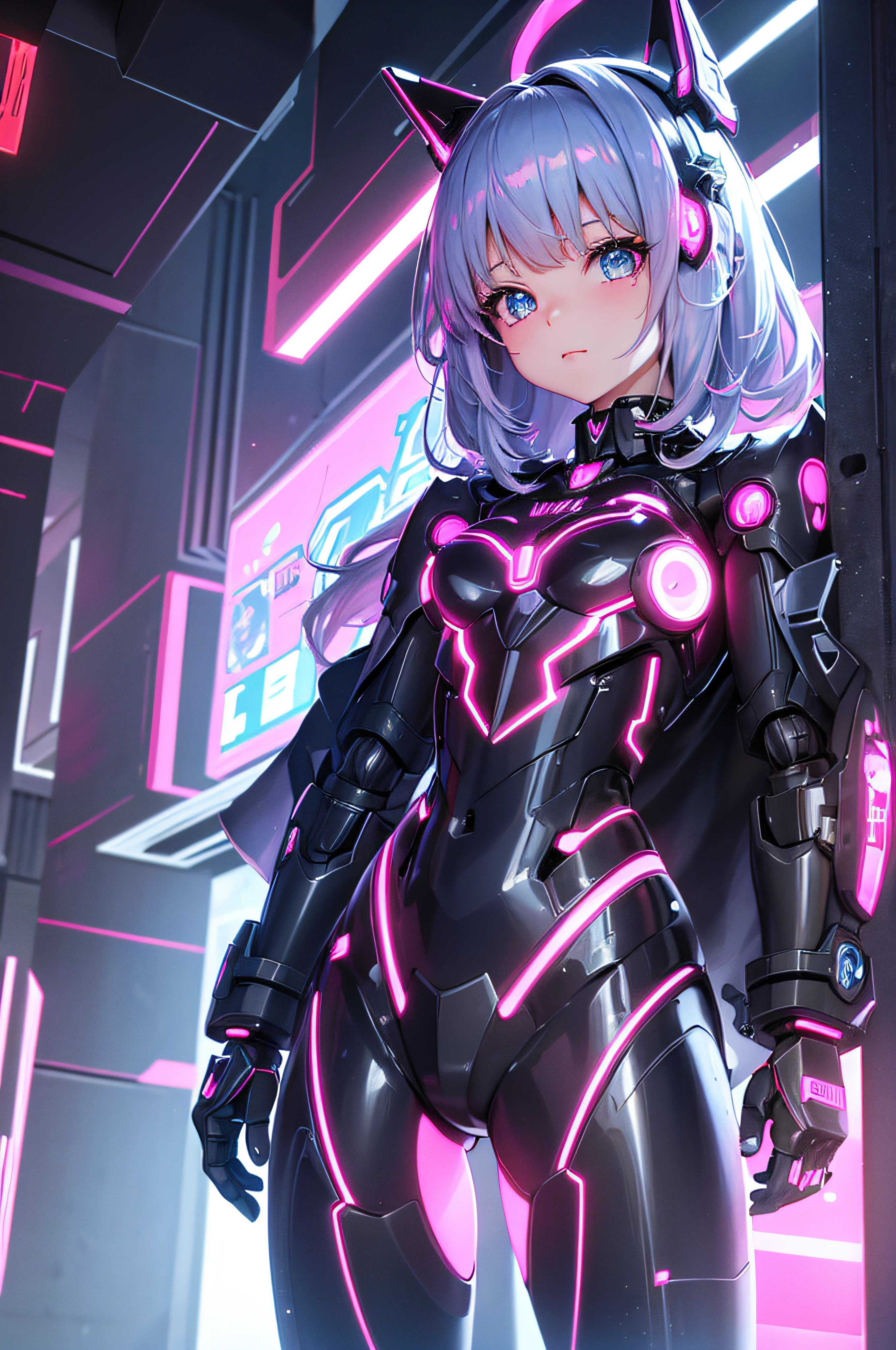 Mecha e Girl, sketch, detailed mecha girl outfit, adorable robotic companion, sparkling eyes, blinking lights, holographic accessories, metallic pink hair, futuristic cityscape background, best quality, ultra-detailed, realistic, cyberpunk, neon colors, cool lighting